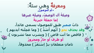 ‫ومعرفة‬‫وهي‬‫ستة‬:
•ُ‫ل‬‫الموصو‬ ‫ثم‬.
‫ها‬ِ‫ر‬‫غي‬ ‫ة‬َ‫ل‬ِ‫ص‬‫و‬ ، ُ‫الوصف‬ ‫أل‬ ُ‫لة‬ِ‫ص‬‫و‬
‫إما‬ٌ‫خبرية‬ ٌ‫جملة‬
•ُ‫ذات‬‫ضمير‬‫عائدا‬ ‫يسمى‬ ‫للموصول‬ ‫طبق‬،
‫وقد‬‫يحذف‬‫نحو‬(ُّ‫د‬ َ‫ش‬َ‫أ‬ ‫هم‬ُّ‫أي‬( )‫ت‬َ‫ل‬ِ‫م‬َ‫ع‬ ‫وما‬‫أيديهم‬ ‫ه‬)
(‫قاض‬ ‫أنت‬ ‫ما‬ ِ‫فاقض‬( )‫تشربون‬ ‫مما‬ ‫ويشرب‬)،
‫أو‬ٌّ‫جار‬ ‫أو‬ ٌ‫ظرف‬ٌ‫ر‬‫ومجرو‬
ِ‫ن‬‫تاما‬‫بـ‬ ِ‫ن‬‫متعلقا‬(َّ‫ر‬َ‫ق‬َ‫ت‬ ْ‫س‬ِ‫ا‬)‫محذوفا‬.
 