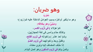 ‫ضربان‬ ‫وهو‬:
ٌ‫ب‬َ‫ْر‬‫ع‬ُ‫م‬
‫وهو‬‫عليه‬ ِ‫ة‬‫الداخل‬ ِ‫ل‬‫العوام‬ ‫بسبب‬ ‫ه‬ُ‫أواخر‬ ‫ير‬َ‫غ‬َ‫ت‬َ‫ي‬ ‫ما‬‫كـ‬(ٍ‫د‬‫زي‬)‫؛‬
‫بخالفه‬ ‫وهو‬ ٌّ‫ي‬ِ‫ن‬ْ‫ب‬َ‫م‬‫و‬:
‫كـ‬(ِ‫هؤالء‬)‫الكسر‬ ‫وم‬ُ‫ز‬ُ‫ل‬ ‫في‬،
،َ‫ين‬ِ‫الحجازي‬ ‫لغة‬ ‫في‬ ِ‫وأمس‬ ِ‫حذام‬ ‫وكذلك‬
‫وكـ‬(َ‫عشر‬ َ‫د‬‫أح‬)‫ه‬ِ‫ت‬‫وأخوا‬‫الفتح‬ ‫لزوم‬ ‫في‬،
‫هما‬ِ‫ت‬‫وأخوا‬ ُ‫د‬‫وبع‬ ُ‫ل‬‫وكقب‬ِ‫م‬َّ‫ض‬‫ال‬ ‫لزوم‬ ‫في‬
‫إذا‬ُ‫ه‬‫معنا‬ َ‫ي‬ِ‫و‬ُ‫ن‬‫و‬ ‫إليه‬ ُ‫المضاف‬ َ‫ف‬ِ‫ذ‬ُ‫ح‬،
ْ‫م‬‫وك‬ ْ‫وكمن‬‫ُّكون‬‫س‬‫ال‬ ‫لزوم‬ ‫في‬‫البناء‬ ‫أصل‬ ‫وهو‬.
 