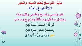 ٌ‫باب‬:‫حكم‬ِ‫ل‬ ‫النواسخ‬‫المبتدإ‬‫والخبر‬
‫أنواع‬ ُ‫ثالثة‬:‫ها‬ُ‫د‬‫أح‬
‫كان‬‫وبات‬ ‫وظل‬ ‫وأضحى‬ ‫وأصبح‬ ‫وأمسى‬
‫ومازال‬،‫دام‬ ‫وما‬ َ‫ح‬ ِ‫ر‬َ‫ب‬ ‫وما‬ َّ‫ك‬َ‫ف‬ْ‫ن‬‫ا‬ ‫وما‬ َ‫ئ‬ِ‫ت‬َ‫ف‬ ‫وما‬
َ‫ن‬ْ‫ع‬َ‫ف‬‫فير‬‫لهن‬ ً‫ا‬‫اسم‬ َ‫أ‬‫المبتد‬
َ‫ن‬ْ‫ب‬‫وينص‬‫لهن‬ ً‫ا‬‫خبر‬ َ‫الخبر‬
‫نحو‬(ً‫ا‬‫قدير‬ ‫ك‬ُّ‫ب‬‫ر‬ ‫وكان‬.)
 