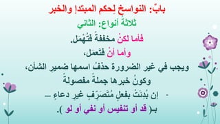 ٌ‫باب‬:‫حكم‬ِ‫ل‬ ‫النواسخ‬‫المبتدإ‬‫والخبر‬
‫أنواع‬ ُ‫ثالثة‬:‫الثاني‬
ْ‫لكن‬ ‫فأما‬‫ل‬َ‫م‬ْ‫ه‬ُ‫ت‬‫ف‬ ً‫مخففة‬.
‫وأما‬ْ‫أن‬،‫ل‬َ‫م‬‫ع‬َ‫ت‬‫ف‬
‫ويجب‬،‫الشأن‬ ِ‫ضمير‬ ‫اسمها‬ ُ‫حذف‬ ‫الضرورة‬ ‫غير‬ ‫في‬
ُ‫وكون‬ً‫مفصولة‬ ً‫جملة‬ ‫خبرها‬
-‫إن‬ٍ‫دعاء‬ ِ‫غير‬ ٍ‫ف‬ ِ‫ر‬َ‫ص‬َ‫ت‬ُ‫م‬ ٍ‫ل‬‫بفع‬ ْ‫ت‬َ‫ئ‬ِ‫د‬ُ‫ب‬–
‫بـ‬(‫لو‬ ‫أو‬ ‫نفي‬ ‫أو‬ ‫تنفيس‬ ‫أو‬ ‫قد‬.)
 