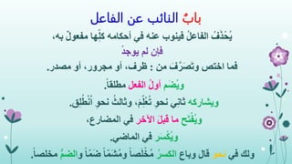 ُ‫باب‬‫الفاعل‬ ‫عن‬ ‫النائب‬
ُ‫ف‬َ‫ذ‬ْ‫ُح‬‫ي‬،‫به‬ ٌ‫ل‬‫مفعو‬ ‫ها‬ِ‫كل‬ ‫أحكامه‬ ‫في‬ ‫عنه‬ ‫فينوب‬ ُ‫ل‬‫الفاع‬
‫فإن‬ْ‫د‬‫يوج‬ ‫لم‬
‫فما‬‫من‬ َ‫ف‬َّ‫ر‬َ‫ص‬َ‫ت‬‫و‬ ‫اختص‬:‫ظرف‬‫مصدر‬ ‫أو‬ ،‫مجرور‬ ‫أو‬ ،.
‫م‬َ‫ض‬ُ‫ي‬‫و‬‫الفعل‬ ُ‫ل‬‫أو‬ً‫ا‬‫مطلق‬.
‫ويشاركه‬‫ق‬ِ‫ل‬ُ‫ط‬ْ‫ن‬ُ‫ا‬ ِ‫و‬‫نح‬ ُ‫وثالث‬ ،َ‫م‬ِ‫ُل‬‫ع‬ُ‫ت‬ ِ‫و‬‫نح‬ ‫ي‬ِ‫ن‬‫ثا‬.
‫ح‬َ‫ت‬ْ‫ُف‬‫ي‬‫و‬‫اآلخر‬ َ‫ل‬‫قب‬ ‫ما‬،‫المضارع‬ ‫في‬
‫ر‬َ‫س‬ْ‫ك‬ُ‫ي‬‫و‬‫الماضي‬ ‫في‬.
‫ولك‬‫في‬‫نحو‬‫وباع‬ ‫قال‬ُ‫الكسر‬ً‫ا‬‫ص‬َ‫ل‬ْ‫خ‬ُ‫م‬ً‫ا‬‫َم‬‫ش‬ُ‫م‬‫و‬‫و‬ ً‫ا‬‫م‬َ‫ض‬ُّ‫م‬‫الض‬‫م‬ً‫ا‬‫خلص‬.
 