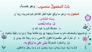 ‫منصوب‬ ُ‫المفعول‬ ‫باب‬:‫وهو‬‫خمسة‬:
‫المفعول‬‫به‬‫كـ‬ ‫الفاعل‬ ‫فعل‬ ‫عليه‬ ‫وقع‬ ‫ما‬ ‫وهو‬ ،(ً‫ا‬‫زيد‬ ‫ضربت‬.)
،‫َى‬‫د‬‫نا‬ُ‫م‬‫ال‬ ‫ومنه‬
‫وإنما‬‫ب‬َ‫ص‬ْ‫ن‬ُ‫ي‬
ً‫ا‬‫مضاف‬‫كـ‬(‫هللا‬ ‫عبد‬ ‫يا‬)،
‫أو‬‫بالمضاف‬ ً‫ا‬‫شبيه‬‫كـ‬(‫وجهه‬ ً‫ا‬‫حسن‬ ‫يا‬)‫و‬(‫يا‬ً‫ال‬‫جب‬ ً‫ا‬‫طالع‬)‫و‬(‫رفي‬ ‫يا‬‫بالعباد‬ ً‫ا‬‫ق‬)،
‫أو‬‫األعمى‬ ‫كقول‬ ٍ‫ة‬‫مقصود‬ َ‫غير‬ ً‫ة‬‫نكر‬( :‫بيدي‬ ‫خذ‬ ً‫ال‬‫رج‬ ‫يا‬.)
ُ‫د‬‫والمفر‬ُ‫المعرفة‬،‫به‬ ُ‫ع‬َ‫ف‬ْ‫ُر‬‫ي‬ ‫ما‬ ‫على‬ ‫ى‬َ‫ن‬ْ‫ب‬ُ‫ي‬
‫كـ‬(،ُ‫د‬‫زي‬ ‫يا‬‫ويا‬،ِ‫زيدان‬‫ويا‬َ‫زيدون‬)‫و‬(ُ‫ل‬‫رج‬ ‫يا‬)ٍ‫ن‬َّ‫ي‬َ‫ع‬ُ‫م‬ِ‫ل‬.
 