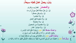 ٌ‫باب‬:ٌ‫سبعة‬ ‫ه‬ِ‫ل‬‫فع‬ َ‫ل‬َ‫م‬َ‫ع‬ ُ‫ل‬‫يعم‬:
ُ‫والمصدر‬ٍ‫ب‬ْ‫ر‬َ‫ض‬‫ك‬ٍ‫وإكرام‬ ،
ْ‫ن‬ِ‫إ‬،‫ما‬ ‫أو‬ ْ‫ن‬َ‫أ‬ ‫مع‬ ٌ‫ل‬‫فع‬ ُ‫ه‬َّ‫ل‬َ‫ح‬َ‫م‬ َّ‫ل‬َ‫ح‬
‫ولم‬ً‫ا‬‫ر‬‫مصغ‬ ‫يكن‬
‫وال‬ً‫ا‬‫ر‬َ‫م‬ْ‫ض‬ُ‫م‬
‫وال‬ِ‫ل‬‫العم‬ َ‫ل‬‫قب‬ ً‫ا‬‫عوت‬ْ‫ن‬َ‫م‬
‫وال‬ً‫ا‬‫محذوف‬
‫وال‬‫من‬ ً‫ال‬‫مفصو‬ِ‫ل‬‫المعمو‬
‫عنه‬ ً‫ا‬‫مؤخر‬ ‫وال‬.
‫ه‬ُ‫ل‬‫وإعما‬ً‫ا‬‫مضاف‬ُ‫أكثر‬‫نحو‬(َ‫الناس‬ ِ‫ه‬‫اللـ‬ ُ‫ع‬ْ‫َف‬‫د‬ ‫ولوال‬)
‫الشاعر‬ ِ‫ل‬‫وقو‬( :ٌ‫ن‬ِ‫ي‬َ‫ب‬ ُ‫ء‬‫المر‬ ِ‫ه‬ِ‫س‬‫نف‬ َ‫م‬ْ‫ل‬ُ‫ظ‬ ‫إن‬ ‫أال‬)،
ً‫ا‬‫ن‬َّ‫و‬َ‫ن‬ُ‫م‬‫و‬ُ‫س‬َ‫ي‬ْ‫ق‬َ‫أ‬‫نحو‬(ً‫ا‬‫يتيم‬ ٍ‫ة‬َ‫ب‬َ‫غ‬ْ‫س‬َ‫م‬ ‫ذي‬ ‫يوم‬ ‫في‬ ٌ‫م‬‫إطعا‬ ‫أو‬)،
ْ‫ل‬َ‫أ‬ِ‫ب‬‫و‬ٌّ‫شاذ‬‫نحو‬(ُ‫ه‬ُ‫ه‬َ‫ل‬‫إ‬ َ‫ء‬‫المسي‬ ِ‫الرزق‬ ‫من‬ ُ‫ت‬ْ‫ب‬َ‫ج‬‫ع‬( )‫وكيف‬ْ‫ي‬ِ‫ق‬َ‫و‬َّ‫ت‬‫ال‬ْ‫ه‬َ‫ظ‬‫ُه‬‫ب‬‫راك‬ ‫أنت‬ ‫ما‬ َ‫ر‬.)
 