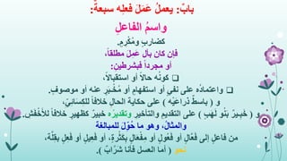 ٌ‫باب‬:ٌ‫سبعة‬ ‫ه‬ِ‫ل‬‫فع‬ َ‫ل‬َ‫م‬َ‫ع‬ ُ‫ل‬‫يعم‬:
ِ‫ل‬‫الفاع‬ ُ‫م‬‫واس‬
ٍ‫ب‬‫كضار‬ٍ‫م‬ ِ‫ر‬ْ‫ك‬ُ‫م‬‫و‬.
‫فإن‬،ً‫ا‬‫مطلق‬ َ‫ل‬ِ‫َم‬‫ع‬ ‫بأل‬ ‫كان‬
‫أو‬ِ‫فبشرطين‬ ً‫ا‬‫مجرد‬:
‫ه‬ُ‫ن‬‫كو‬،ً‫ال‬‫استقبا‬ ‫أو‬ ً‫ال‬‫حا‬
‫ه‬ُ‫د‬‫واعتما‬ٍ‫موصوف‬ ‫أو‬ ‫عنه‬ ٍ‫ر‬َ‫ب‬‫ـ‬ْ‫خ‬ُ‫م‬ ‫أو‬ ٍ‫استفهام‬ ‫أو‬ ٍ‫ي‬‫نف‬ ‫على‬.
‫و‬(‫ه‬ْ‫ي‬َ‫ع‬‫ذرا‬ ٌ‫باسط‬)،ِ‫ي‬ِ‫ئ‬‫ا‬َ‫س‬ِ‫ك‬‫لل‬ ً‫ا‬‫خالف‬ ِ‫ل‬‫الحا‬ ‫حكاية‬ ‫على‬
‫و‬(ٍ‫ب‬َ‫ه‬َ‫ل‬ ‫و‬ُ‫ن‬َ‫ب‬ ٌ‫ـير‬ِ‫ب‬َ‫خ‬)ِ‫والتأخير‬ ِ‫التقديم‬ ‫على‬‫ه‬ُ‫وتقدير‬‫كظ‬ ٌ‫خبير‬ِ‫ش‬َ‫ف‬ْ‫خ‬َ‫لأل‬ ً‫ا‬‫خالف‬ ٍ‫هير‬.
‫للمبالغة‬ َ‫ل‬ِ‫ُو‬‫ح‬ ‫ما‬ ‫وهو‬ ،ُ‫ل‬‫والمثا‬
‫من‬‫أ‬ ٍ‫ل‬‫ي‬ِ‫ع‬َ‫ف‬ ‫أو‬ ،ٍ‫ة‬‫ر‬ْ‫َث‬‫ك‬ِ‫ب‬ ٍ‫ل‬‫ا‬َ‫ع‬ْ‫ف‬ِ‫م‬ ‫أو‬ ٍ‫ل‬‫ُو‬‫ع‬َ‫ف‬ ‫أو‬ ٍ‫ل‬‫َّا‬‫ع‬َ‫ف‬ ‫إلى‬ ٍ‫ل‬‫فاع‬،‫ة‬َّ‫ل‬ِ‫ق‬‫ب‬ ٍ‫ل‬ِ‫ع‬َ‫ف‬ ‫و‬
‫نحو‬(ٌ‫اب‬َّ‫َر‬‫ش‬ ‫فأنا‬ ‫العسل‬ ‫أما‬.)
 