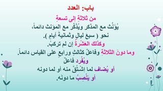 ‫باب‬:‫العدد‬
‫من‬‫إلى‬ ٍ‫ة‬‫ثالث‬ٍ‫ة‬‫تسع‬
‫ث‬َّ‫ن‬َ‫ؤ‬ُ‫ي‬ً‫ا‬‫دائم‬ ‫المؤنث‬ ‫مع‬ ‫ر‬َّ‫ك‬َ‫ذ‬ُ‫ي‬‫و‬ ‫المذكر‬ ‫مع‬،
‫نحو‬(ٍ‫أيام‬ َ‫وثمانية‬ ٍ‫ل‬‫ليا‬ َ‫ع‬‫سب‬.)
‫وكذلك‬ُ‫ة‬‫ر‬ْ‫ش‬َ‫ع‬‫ال‬ْ‫تركب‬ ‫لم‬ ‫إن‬.
‫وما‬ِ‫ة‬‫الثالث‬ َ‫دون‬ً‫ا‬‫دائم‬ ‫القياس‬ ‫على‬ ٍ‫ورابع‬ ٍ‫ث‬‫كثال‬ ٌ‫ل‬‫وفاع‬.
‫رد‬ْ‫ُف‬‫ي‬‫و‬ٌ‫ل‬‫فاع‬
‫أو‬‫ُضاف‬‫ي‬‫دونه‬ ‫لما‬ ‫أو‬ ‫منه‬ َّ‫ق‬ُ‫ت‬‫ـ‬ْ‫ش‬ِ‫ا‬ ‫لما‬
‫أو‬ُ‫ب‬ ِ‫ص‬ْ‫ن‬َ‫ي‬‫ه‬َ‫ن‬‫دو‬ ‫ما‬.
 