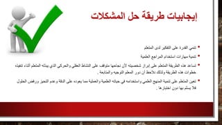 ‫المشكالت‬ ‫حل‬ ‫طريقة‬ ‫إيجابيات‬
•‫المتعلم‬ ‫لدى‬ ‫التفكير‬ ‫على‬ ‫القدرة‬ ‫تنمي‬
•‫العلمية‬ ‫المراجع‬ ‫استخدام‬ ‫مهارات‬ ‫تنمية‬
•‫على‬ ‫متوقف‬ ‫نجاحها‬ ‫ألن‬ ‫شخصيته‬ ‫إبراز‬ ‫على‬ ‫المتعلم‬ ‫الطريقة‬ ‫هذه‬ ‫تساعد‬‫ال‬ ‫يبذله‬ ‫الذي‬ ‫والحركي‬ ‫العقلي‬ ‫النشاط‬‫تنفيذه‬ ‫أثناء‬ ‫متعلم‬
‫والمتابعة‬ ‫التوجيه‬ ‫المعلم‬ ‫دور‬ ‫أن‬ ‫نالحظ‬ ‫ولذلك‬ ‫الطريقة‬ ‫هذه‬ ‫خطوات‬.
•‫العلمية‬ ‫حياته‬ ‫في‬ ‫واستخدامه‬ ‫العلمي‬ ‫المنهج‬ ‫تنمية‬ ‫على‬ ‫المتعلم‬ ‫تعين‬‫التحي‬ ‫وعدم‬ ‫الدقة‬ ‫على‬ ‫يعوده‬ ‫مما‬ ‫والعملية‬‫الحلول‬ ‫ورفض‬ ‫ز‬
‫اختبارها‬ ‫دون‬ ‫بها‬ ‫يسلم‬ ‫فال‬.
 