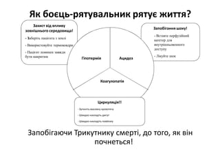 Як боєць-рятувальник рятує життя?
Запобігаючи Трикутнику смерті, до того, як він
почнеться!
Захист від впливу
зовнішнього середовища!
- Заберіть пацієнта з землі
- Використовуйте термоковдри
- Пацієнт повинен завжди
бути накритим
Запобігання шоку!
- Вставте перфузійний
катетер для
внутрішньовенного
доступу
- Лікуйте шок
Гіпотермія Ацидоз
Коагулопатія
Циркуляція!!
- Зупиніть масивну кровотечу
- Швидко накладіть джгут
- Швидко накладіть повёязку
 