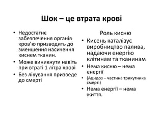 Шок – це втрата крові
• Недостатнє
забезпечення органів
кров’ю призводить до
зменшення насичення
киснем тканин.
• Може виникнути навіть
при втраті 1 літра крові
• Без лікування призведе
до смерті
Роль кисню
• Кисень каталізує
виробництво палива,
надаючи енергію
клітинам та тканинам
• Нема кисню – нема
енергії
• (Ацидоз – частина трикутника
смерті)
• Нема енергії – нема
життя.
 