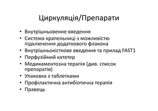 Циркуляція/Препарати
• Внутрішньовенне введення
• Система крапельниці з можливістю
підключення додаткового флакона
• Внутрішньокісткове введення та прилад FAST1
• Перфузійний катетер
• Медикаментозна терапія (див. список
препаратів)
• Упаковка з таблетками
• Профілактична антибіотична терапія
• Правець
 