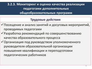 3.2.3. Мониторинг и оценка качества реализации
педагогами дополнительных
общеобразовательных программ
Трудовые действия
Посещение и анализ занятий и досуговых мероприятий,
проводимых педагогами
Разработка рекомендаций по совершенствованию
качества образовательного процесса
Организация под руководством уполномоченного
руководителя образовательной организации
повышения квалификации и переподготовки
педагогических работников
9
 