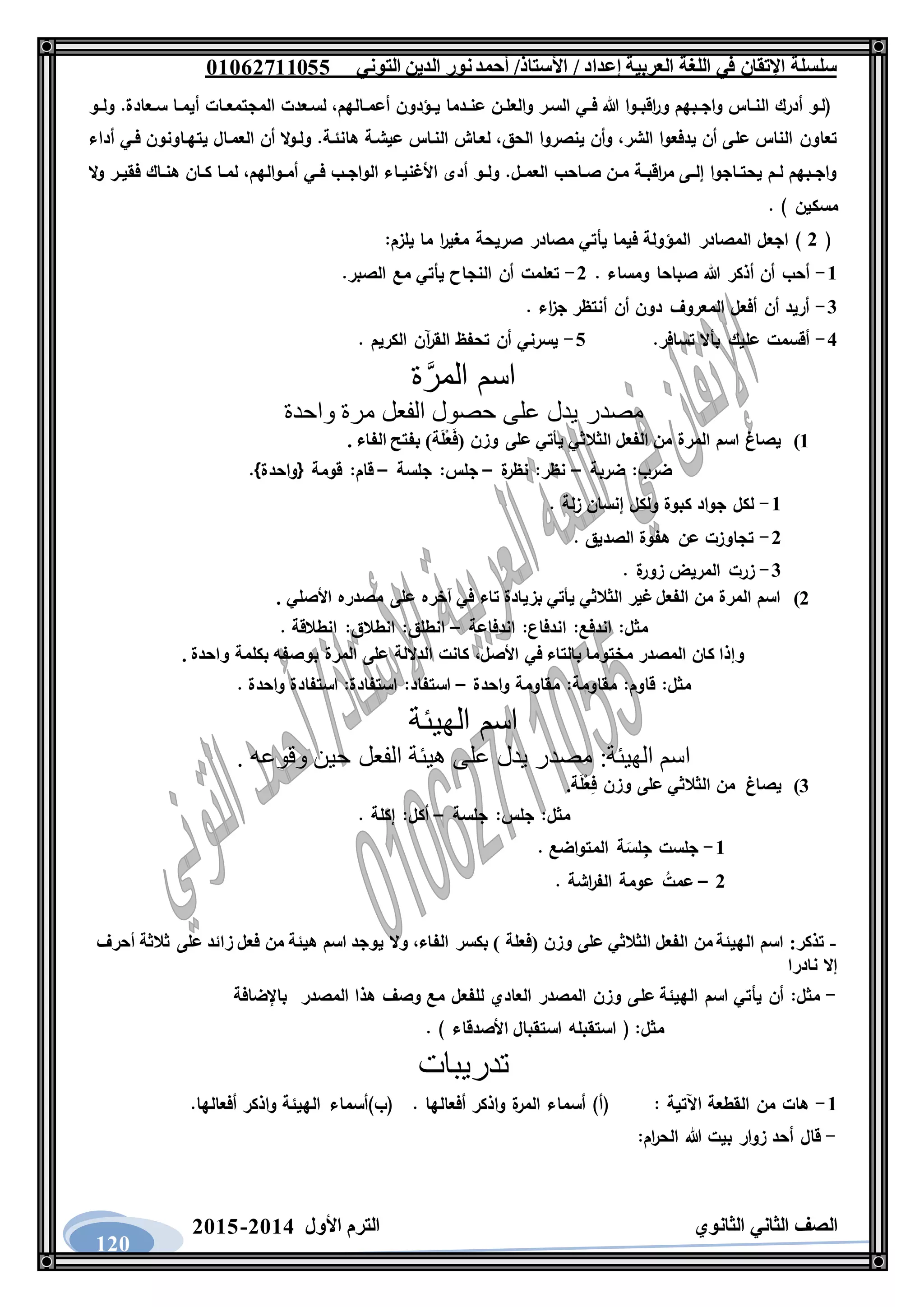 ‫العربية‬ ‫اللغة‬ ‫في‬ ‫اإلتقان‬ ‫سلسلة‬/ ‫إعداد‬/‫األستاذ‬‫التوني‬ ‫الدين‬ ‫نور‬‫أحمد‬06011766000
‫الثانوي‬ ‫الثاني‬ ‫الصف‬‫األول‬ ‫الترم‬1062-1060
120
‫ـو‬‫ـ‬‫ول‬ .‫ـعادة‬‫ـ‬‫س‬ ‫ـا‬‫ـ‬‫أيم‬ ‫ـات‬‫ـ‬‫المجتمع‬ ‫لسـعدت‬ ،‫ـالهم‬‫ـ‬‫أعم‬ ‫ـؤدون‬‫ـ‬‫ي‬ ‫ـدما‬‫ـ‬‫عن‬ ‫ـن‬‫ـ‬‫والعل‬ ‫السـر‬ ‫ـي‬‫ـ‬‫ف‬ ‫هللا‬ ‫ـوا‬‫ـ‬‫اقب‬‫ر‬‫و‬ ‫ـبهم‬‫ـ‬‫واج‬ ‫ـاس‬‫ـ‬‫الن‬ ‫أدرك‬ ‫(لـو‬
‫يتهـ‬ ‫العمـال‬ ‫أن‬ ‫ال‬‫و‬‫ولـ‬ .‫هانئـة‬ ‫عيشـة‬ ‫النـاس‬ ‫لعـاش‬ ،‫الحق‬ ‫ينصروا‬ ‫وأن‬ ،‫الشر‬ ‫يدفعوا‬ ‫أن‬ ‫على‬ ‫الناس‬ ‫تعاون‬‫أداء‬ ‫فـي‬ ‫اونون‬
‫ال‬‫و‬ ‫ـر‬‫ـ‬‫فقي‬ ‫ـاك‬‫ـ‬‫هن‬ ‫ـان‬‫ـ‬‫ك‬ ‫ـا‬‫ـ‬‫لم‬ ،‫ـوالهم‬‫ـ‬‫أم‬ ‫ـي‬‫ـ‬‫ف‬ ‫ـب‬‫ـ‬‫الواج‬ ‫ـاء‬‫ـ‬‫األغني‬ ‫أدى‬ ‫ـو‬‫ـ‬‫ول‬ .‫ـل‬‫ـ‬‫العم‬ ‫ـاحب‬‫ـ‬‫ص‬ ‫ـن‬‫ـ‬‫م‬ ‫ـة‬‫ـ‬‫اقب‬‫ر‬‫م‬ ‫ـى‬‫ـ‬‫إل‬ ‫ـاجوا‬‫ـ‬‫يحت‬ ‫ـم‬‫ـ‬‫ل‬ ‫ـبهم‬‫ـ‬‫واج‬
. ) ‫مسكين‬
(1:‫يلزم‬ ‫ما‬ ‫ا‬‫ر‬‫مغي‬ ‫صريحة‬ ‫مصادر‬ ‫يأتي‬ ‫فيما‬ ‫المؤولة‬ ‫المصادر‬ ‫اجعل‬ )
6-‫ومساء‬ ‫صباحا‬ ‫هللا‬ ‫أذكر‬ ‫أن‬ ‫أحب‬.1-‫ال‬ ‫مع‬ ‫يأتي‬ ‫النجاح‬ ‫أن‬ ‫تعلمت‬.‫صبر‬
3-. ‫اء‬‫ز‬‫ج‬ ‫أنتظر‬ ‫أن‬ ‫دون‬ ‫المعروف‬ ‫أفعل‬ ‫أن‬ ‫أريد‬
2-.‫تسافر‬ ‫بأال‬ ‫عليك‬ ‫أقسمت‬0-. ‫الكريم‬ ‫آن‬‫ر‬‫الق‬ ‫تحفظ‬ ‫أن‬ ‫يسرني‬
‫ة‬َّ‫المر‬ ‫اسم‬
‫واحدة‬ ‫مرة‬ ‫الفعل‬ ‫حصول‬ ‫على‬ ‫يدل‬ ‫مصدر‬
6). ‫الفاء‬ ‫بفتح‬ )‫ة‬َ‫ل‬ْ‫ع‬َ‫ف‬( ‫وزن‬ ‫على‬ ‫يأتي‬ ‫الثالثي‬ ‫الفعل‬ ‫من‬ ‫المرة‬ ‫اسم‬ ‫يصاغ‬
‫ضربة‬ :‫ضرب‬–‫نظر‬ :‫نظر‬‫ة‬–‫جلسة‬ :‫جلس‬–‫قومة‬ :‫قام‬}‫{واحدة‬.
6-. ‫زلة‬ ‫إنسان‬ ‫ولكل‬ ‫كبوة‬ ‫جواد‬ ‫لكل‬
1-. ‫الصديق‬ ‫هفوة‬ ‫عن‬ ‫تجاوزت‬
3-. ‫ة‬‫زور‬ ‫المريض‬ ‫زرت‬
1). ‫األصلي‬ ‫مصدره‬ ‫على‬ ‫آخره‬ ‫في‬ ‫تاء‬ ‫بزيادة‬ ‫يأتي‬ ‫الثالثي‬ ‫غير‬ ‫الفعل‬ ‫من‬ ‫المرة‬ ‫اسم‬
‫اندفاعة‬ :‫اندفاع‬ :‫اندفع‬ :‫مثل‬–‫انطال‬ :‫انطالق‬ :‫انطلق‬. ‫قة‬
. ‫واحدة‬ ‫بكلمة‬ ‫بوصفه‬ ‫المرة‬ ‫على‬ ‫الداللة‬ ‫كانت‬ ،‫األصل‬ ‫في‬ ‫بالتاء‬ ‫مختوما‬ ‫المصدر‬ ‫كان‬ ‫وإذا‬
‫واحدة‬ ‫مقاومة‬ :‫مقاومة‬ :‫قاوم‬ :‫مثل‬–. ‫واحدة‬ ‫استفادة‬ :‫استفادة‬ :‫استفاد‬
‫الهيئة‬ ‫اسم‬
. ‫وقوعه‬ ‫حين‬ ‫الفعل‬ ‫هيئة‬ ‫على‬ ‫يدل‬ ‫مصدر‬ :‫الهيئة‬ ‫اسم‬
3)‫يصاغ‬.‫ة‬َ‫ل‬ْ‫ع‬ِ‫ف‬ ‫وزن‬ ‫على‬ ‫الثالثي‬ ‫من‬
:‫مثل‬‫جلسة‬ :‫جلس‬–. ‫إكلة‬ :‫أكل‬
6-. ‫المتواضع‬ ‫ة‬َ‫لس‬ِ‫ج‬ ‫جلست‬
1–. ‫اشة‬‫ر‬‫الف‬ ‫عومة‬ ُ‫عمت‬
-‫أحرف‬ ‫ثالثة‬ ‫على‬ ‫زائد‬ ‫فعل‬ ‫من‬ ‫هيئة‬ ‫اسم‬ ‫يوجد‬ ‫وال‬ ،‫الفاء‬ ‫بكسر‬ ) ‫(فعلة‬ ‫وزن‬ ‫على‬ ‫الثالثي‬ ‫الفعل‬ ‫من‬ ‫الهيئة‬ ‫اسم‬ :‫تذكر‬
‫نادرا‬ ‫إال‬
-‫مع‬ ‫للفعل‬ ‫العادي‬ ‫المصدر‬ ‫وزن‬ ‫على‬ ‫الهيئة‬ ‫اسم‬ ‫يأتي‬ ‫أن‬ :‫مثل‬‫باإلضافة‬ ‫المصدر‬ ‫هذا‬ ‫وصف‬
. ) ‫األصدقاء‬ ‫استقبال‬ ‫استقبله‬ ( :‫مثل‬
‫تدريبات‬
6-.‫أفعالها‬ ‫واذكر‬ ‫الهيئة‬ ‫(ب)أسماء‬ . ‫أفعالها‬ ‫واذكر‬ ‫ة‬‫المر‬ ‫أسماء‬ )‫(أ‬ : ‫اآلتية‬ ‫القطعة‬ ‫من‬ ‫هات‬
-:‫ام‬‫ر‬‫الح‬ ‫هللا‬ ‫بيت‬ ‫زوار‬ ‫أحد‬ ‫قال‬
 