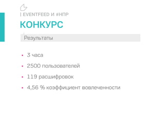 КОНКУРС
• 3 часа
• 2500 пользователей
• 119 расшифровок
• 4,56 % коэффициент вовлеченности
| EVENTFEED И #НПР
Результаты
 