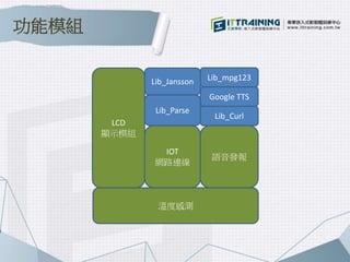 功能模組
溫度感測
LCD
顯示模組
IOT
網路連線
Lib_mpg123
Google TTS
Lib_Curl
語音發報
Lib_Parse
Lib_Jansson
 