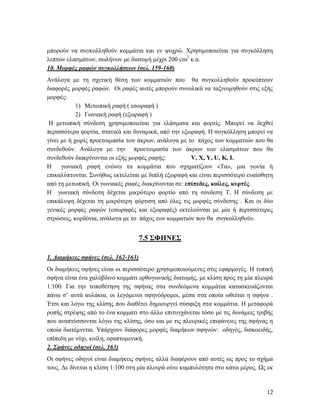 12
μπορούν να συγκολληθούν κομμάτια και εν ψυχρώ. Χρησιμοποιείται για συγκόλληση
λεπτών ελασμάτων, σωλήνων με διατομή μέχρι 200 cm2
κ.α.
10. Μορφές ραφών συγκολλήσεων (σελ. 159-160)
Ανάλογα με τη σχετική θέση των κομματιών που θα συγκολληθούν προκύπτουν
διαφορές μορφές ραφών. Οι ραφές αυτές μπορούν συνολικά να ταξινομηθούν στις εξής
μορφές:
1) Μετωπική ραφή ( εσωραφή )
2) Γωνιακή ραφή (εξωραφή )
Η μετωπική σύνδεση χρησιμοποιείται για ελάσματα και φορείς. Μπορεί να δεχθεί
περισσότερα φορτία, στατικά και δυναμικά, από την εξωραφή. Η συγκόλληση μπορεί να
γίνει με ή χωρίς προετοιμασία των άκρων, ανάλογα με το πάχος των κομματιών που θα
συνδεθούν. Ανάλογα με την προετοιμασία των άκρων των ελασμάτων που θα
συνδεθούν διακρίνονται οι εξής μορφές ραφής: V, X, Y, U, K, I.
Η γωνιακή ραφή ενώνει τα κομμάτια που σχηματίζουν «Τα», μια γωνία ή
επικαλύπτονται. Συνήθως εκτελείται με διπλή εξωραφή και είναι περισσότερο ευαίσθητη
από τη μετωπική. Οι γωνιακές ραφές διακρίνονται σε: επίπεδες, κοίλες, κυρτές.
Η γωνιακή σύνδεση δέχεται μικρότερο φορτίο από τη σύνδεση Τ. Η σύνδεση με
επικάλυψη δέχεται τη μικρότερη φόρτιση από όλες τις μορφές σύνδεσης . Και οι δύο
γενικές μορφές ραφών (εσωραφές και εξωραφές) εκτελούνται με μία ή περισσότερες
στρώσεις, κορδόνια, ανάλογα με το πάχος των κομματιών που θα συγκολληθούν.
7.5 ΣΦΗΝΕΣ
1. Διαμήκεις σφήνες (σελ. 162-163)
Οι διαμήκεις σφήνες είναι οι περισσότερο χρησιμοποιούμενες στις εφαρμογές. Η τυπική
σφήνα είναι ένα χαλύβδινο κομμάτι ορθογωνικής διατομής, με κλίση προς τη μία πλευρά
1:100. Για την τοποθέτηση της σφήνας στα συνδεόμενα κομμάτια κατασκευάζονται
πάνω σ’ αυτά αυλάκια, οι λεγόμενοι σφηνόδρομοι, μέσα στα οποία ωθείται η σφήνα .
Έτσι και λόγω της κλίσης που διαθέτει δημιουργεί σύσφιξη στα κομμάτια. Η μεταφορά
ροπής στρέψης από το ένα κομμάτι στο άλλο επιτυγχάνεται τόσο με τις δυνάμεις τριβής
που αναπτύσσονται λόγω της κλίσης, όσο και με τις πλευρικές επιφάνειες της σφήνας η
οποία διατέμνεται. Υπάρχουν διάφορες μορφές διαμήκων σφηνών: οδηγός, δισκοειδής,
επίπεδη με νύχι, κοίλη, εφαπτομενική.
2. Σφήνες οδηγοί (σελ. 163)
Οι σφήνες οδηγοί είναι διαμήκεις σφήνες αλλά διαφέρουν από αυτές ως προς το σχήμα
τους. Δε δίνεται η κλίση 1:100 στη μία πλευρά ούτε καμπυλότητα στο κάτω μέρος. Ως εκ
 