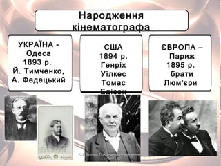 Народження
кінематографа
УКРАЇНА -
Одеса
1893 р.
Й. Тимченко,
А. Федецький
США
1894 р.
Генріх
Уїлкес
Томас
Едісон
ЄВРОПА –
Париж
1895 р.
брати
Люм'єри
О.В. Бурлака, Городищенський економічнийО.В. Бурлака, Городищенський економічний
ліцейліцей
 