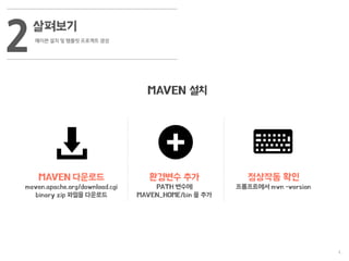 4
살펴보기
메이븐 설치 및 템플릿 프로젝트 생성
2
MAVEN 다운로드
maven.apache.org/download.cgi
binary zip 파일을 다운로드
환경변수 추가
PATH 변수에
MAVEN_HOME/bin 을 추가
정상작동 확인
프롬프트에서 mvn -version
MAVEN 설치
 