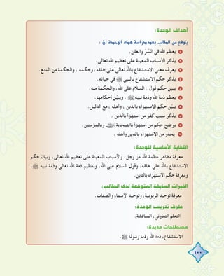 100
:IóMƒdG±GógCG
:¿CGIóMƒdG√ògá°SGQOó©HÖdÉ£dGøe™bƒàj
.‫واﻟﻌﻠﻦ‬ ‫ﱢ‬‫ﺮ‬ ‫ﱢ‬‫اﻟﺴ‬ ‫ﻓﻲ‬ ‫اﷲ‬ ‫ﻳﻌﻈﻢ‬ 1
.‫ﺗﻌﺎﻟﻰ‬ ‫اﷲ‬ ‫ﺗﻌﻈﻴﻢ‬ ‫ﻋﻠﻰ‬ ‫اﻟﻤﻌﻴﻨﺔ‬ ‫اﻷﺳﺒﺎب‬ ‫ﻳﺬﻛﺮ‬ 2
.‫اﻟﻤﻨﻊ‬ ‫ﻣﻦ‬ ‫واﻟﺤﻜﻤﺔ‬ ، ‫وﺣﻜﻤﻪ‬ ،‫ﺧﻠﻘﻪ‬ ‫ﻋﻠﻰ‬ ‫ﺗﻌﺎﻟﻰ‬ ‫ﺑﺎﷲ‬ ‫اﻻﺳﺘﺸﻔﺎع‬ ‫ﻣﻌﻨﻰ‬ ‫ﻳﻌﺮف‬ 3
.‫ﺣﻴﺎﺗﻪ‬ ‫ﻓﻲ‬ € ‫ﺑﺎﻟﻨﺒﻲ‬ ‫اﻻﺳﺘﺸﻔﺎع‬ ‫ﺣﻜﻢ‬ ‫ﻳﺬﻛﺮ‬ 4
.‫ﻣﻨﻪ‬ ‫واﻟﺤﻜﻤﺔ‬ ،‫اﷲ‬ ‫ﻋﻠﻰ‬ ‫اﻟﺴﻼم‬ : ‫ﻗﻮل‬ ‫ﺣﻜﻢ‬ ‫ﻳﺒﻴﻦ‬ 5
.‫أﺣﻜﺎﻣﻬﺎ‬ ‫ﻦ‬‫ﱢ‬‫ﻴ‬‫وﻳﺒ‬ ، € ‫ﻧﺒﻴﻪ‬ ‫وذﻣﺔ‬ ‫اﷲ‬ ‫ذﻣﺔ‬ ‫ﻳﻌﻈﻢ‬ 6
.‫اﻟﺪﻟﻴﻞ‬ ‫ﻣﻊ‬ ، ‫وأﻫﻠﻪ‬ ، ‫ﺑﺎﻟﺪﻳﻦ‬ ‫اﻻﺳﺘﻬﺰاء‬ ‫ﺣﻜﻢ‬ ‫ﻦ‬‫ﱢ‬‫ﻴ‬‫ﻳﺒ‬ 7
. ‫ﺑﺎﻟﺪﻳﻦ‬ ‫اﺳﺘﻬﺰأ‬ ‫ﻣﻦ‬ ‫ﻛﻔﺮ‬ ‫ﺳﺒﺐ‬ ‫ﻳﺬﻛﺮ‬ 8
.‫وﺑﺎﻟﻤﺆﻣﻨﻴﻦ‬ ‫ﺑﺎﻟﺼﺤﺎﺑﺔ‬ ‫اﺳﺘﻬﺰأ‬ ‫ﻣﻦ‬ ‫ﺣﻜﻢ‬ ‫ﻳﻮﺿﺢ‬ 9
. ‫وأﻫﻠﻪ‬ ‫ﺑﺎﻟﺪﻳﻦ‬ ‫اﻻﺳﺘﻬﺰاء‬ ‫ﻣﻦ‬ ‫ﻳﺤﺬر‬ 10
:IóMƒ∏dá«°SÉ°SC’GájÉØµdG
‫ﺣﻜﻢ‬ ‫وﺑﻴﺎن‬ ،‫ﺗﻌﺎﻟﻰ‬ ‫اﷲ‬ ‫ﺗﻌﻈﻴﻢ‬ ‫ﻋﻠﻰ‬ ‫اﻟﻤﻌﻴﻨﺔ‬ ‫واﻷﺳﺒﺎب‬ ،‫وﺟﻞ‬ ‫ﻋﺰ‬ ‫اﷲ‬ ‫ﻋﻈﻤﺔ‬ ‫ﻣﻈﺎﻫﺮ‬ ‫ﻣﻌﺮﻓﺔ‬
،€ ‫ﻧﺒﻴﻪ‬ ‫وذﻣﺔ‬ ‫ﺗﻌﺎﻟﻰ‬ ‫اﷲ‬ ‫ذﻣﺔ‬ ‫وﺗﻌﻈﻴﻢ‬ ،‫اﷲ‬ ‫ﻋﻠﻰ‬ ‫اﻟﺴﻼم‬ ‫وﻗﻮل‬ ،‫ﺧﻠﻘﻪ‬ ‫ﻋﻠﻰ‬ ‫ﺑﺎﷲ‬ ‫اﻻﺳﺘﺸﻔﺎع‬
.‫ﺑﺎﻟﺪﻳﻦ‬ ‫اﻻﺳﺘﻬﺰاء‬ ‫ﺣﻜﻢ‬ ‫وﻣﻌﺮﻓﺔ‬
:ÖdÉ£dGiódá©bƒàŸGá≤HÉ°ùdGäGÈÿG
.‫واﻟﺼﻔﺎت‬ ‫اﻷﺳﻤﺎء‬ ‫وﺗﻮﺣﻴﺪ‬ ،‫اﻟﺮﺑﻮﺑﻴﺔ‬ ‫ﺗﻮﺣﻴﺪ‬ ‫ﻣﻌﺮﻓﺔ‬
:IóMƒdG¢ùjQóJ¥ôW
.‫اﻟﻤﻨﺎﻗﺸﺔ‬ ،‫اﻟﺘﻌﺎوﻧﻲ‬ ‫اﻟﺘﻌﻠﻢ‬
:IójóLäÉë∏£°üe
.€ ‫رﺳﻮﻟﻪ‬ ‫وذﻣﺔ‬ ‫اﷲ‬ ‫ذﻣﺔ‬ ،‫اﻻﺳﺘﺸﻔﺎع‬
 