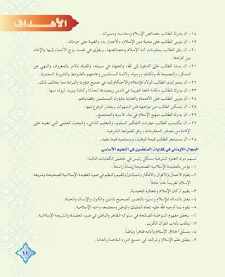 11
.‫وﻣﻤﻴﺰاﺗﻪ‬ ‫وﻣﺤﺎﺳﻨﻪ‬ ‫اﻹﺳﻼم‬ ‫ﺧﺼﺎﺋﺺ‬ ‫اﻟﻄﺎﻟﺐ‬ ‫ﻳﺪرك‬ ‫أن‬ -١٨
.‫ﺣﺮﻣﺎﺗﻪ‬ ‫ﻋﻠﻰ‬ ‫واﻟﻐﻴﺮة‬ ،‫ﺑﻪ‬ ‫واﻻﻋﺘﺰاز‬ ،‫اﻹﺳﻼم‬ ‫دﻳﻦ‬ ‫ﻣﺤﺒﺔ‬ ‫ﻋﻠﻰ‬ ‫اﻟﻄﺎﻟﺐ‬ ‫ﻳﺘﺮﺑﻰ‬ ‫أن‬ -١٩
‫واﻹﺧﺎء‬ ‫إﻟﻴﻬﺎ‬ ‫اﻻﻧﺘﻤﺎء‬ ‫روح‬ ‫ﻧﻔﺴﻪ‬ ‫ﻓﻲ‬ ‫ي‬‫ﱢ‬‫ﻮ‬‫وﻳﻘ‬ ،‫وﺧﺼﺎﺋﺼﻬﺎ‬ ‫اﻹﺳﻼم‬ ‫أﻣﺔ‬ ‫ﺑﻤﻘﻮﻣﺎت‬ ‫اﻟﻄﺎﻟﺐ‬ ‫ﻳﺜﻖ‬ ‫أن‬ -٢٠
.‫أﻓﺮادﻫﺎ‬ ‫ﺑﻴﻦ‬
‫ﻋﻦ‬ ‫واﻟﻨﻬﻲ‬ ‫ﺑﺎﻟﻤﻌﺮوف‬ ‫ﺑﺎﻷﻣﺮ‬ ‫واﻟﻘﻴﺎم‬ ،‫ﺳﺒﻴﻠﻪ‬ ‫ﻓﻲ‬ ‫واﻟﺠﻬﺎد‬ ،‫اﷲ‬ ‫إﻟﻰ‬ ‫اﻟﺪﻋﻮة‬ ‫ﻋﻠﻰ‬ ‫اﻟﻄﺎﻟﺐ‬ ‫ﻳﻨﺸﺄ‬ ‫أن‬ -٢١
.‫اﻟﻤﻌﺘﺒﺮة‬ ‫واﻟﺸﺮوط‬ ‫ﺑﺎﻟﻀﻮاﺑﻂ‬ ‫وﻋﺎﻣﺘﻬﻢ‬ ‫اﻟﻤﺴﻠﻤﻴﻦ‬ ‫وﻷﺋﻤﺔ‬ ‫ورﺳﻮﻟﻪ‬ ‫وﻟﻜﺘﺎﺑﻪ‬ ‫ﷲ‬ ‫واﻟﻨﺼﻴﺤﺔ‬ ،‫اﻟﻤﻨﻜﺮ‬
.‫ذﻟﻚ‬ ‫ﻳﺨﺎﻟﻒ‬ ‫ﻣﻤﺎ‬ ‫واﻟﺒﺮاءة‬ ‫ﺷﺆوﻧﻪ‬ ‫ﺟﻤﻴﻊ‬ ‫ﻓﻲ‬ ‫إﻟﻴﻪ‬ ‫واﻻﺣﺘﻜﺎم‬ ‫ﻟﻺﺳﻼم‬ ‫اﻟﻮﻻء‬ ‫اﻟﻄﺎﻟﺐ‬ ‫ﻟﺪى‬ ‫ﻳﻨﻤﻮ‬ ‫أن‬ -٢٢
.‫ﻣﻨﻬﺎ‬ ‫ﺛﺮوﺗﻪ‬ ‫وﻳﺰﻳﺪ‬ ‫وﻛﺘﺎﺑﺔ‬ ً‫ﺎ‬‫ﺛ‬ّ‫ﺗﺤﺪ‬ ‫وﻳﺠﻴﺪﻫﺎ‬ ‫اﻟﺪﻳﻦ‬ ‫ﻓﻲ‬ ‫اﻟﻌﺮﺑﻴﺔ‬ ‫اﻟﻠﻐﺔ‬ ‫ﻣﻜﺎﻧﺔ‬ ‫اﻟﻄﺎﻟﺐ‬ ‫ﻳﺪرك‬ ‫أن‬ -٢٣
.‫وﻗﻀﺎﻳﺎﻫﻢ‬ ‫اﻟﻤﺴﻠﻤﻴﻦ‬ ‫ﺑﺸﺆون‬ ‫واﻟﻌﻨﺎﻳﺔ‬ ‫اﻻﻫﺘﻤﺎم‬ ‫ﻋﻠﻰ‬ ‫اﻟﻄﺎﻟﺐ‬ ‫ﻳﺘﺮﺑﻰ‬ ‫أن‬ -٢٤
.‫ﻓﻴﻬﺎ‬ ‫اﻟﻮﻗﻮع‬ ‫وﻳﺤﺬر‬ ‫اﻟﺸﻬﻮات‬ ‫ﻓﺘﻦ‬ ‫ﻣﻮاﺟﻬﺔ‬ ‫ﻣﻦ‬ ‫اﻟﻄﺎﻟﺐ‬ ‫ﻳﺘﻤﻜﻦ‬ ‫أن‬ -٢٥
.‫واﻟﻤﺠﺘﻤﻊ‬ ‫اﻷﺳﺮة‬ ‫ﺑﻨﺎء‬ ‫ﻓﻲ‬ ‫اﻹﺳﻼم‬ ‫ﻣﻨﻬﺞ‬ ‫اﻟﻄﺎﻟﺐ‬ ‫ﻳﺪرك‬ ‫أن‬ -٢٦
‫ﻋﻠﻰ‬ ‫ﺗﻌﻴﻨﻪ‬ ‫اﻟﺘﻲ‬ ‫اﻟﻌﻠﻤﻲ‬ ‫واﻟﺒﺤﺚ‬ ،‫اﻟﺬاﺗﻲ‬ ‫واﻟﺘﻌﻠﻴﻢ‬ ،‫اﻟﺴﻠﻴﻢ‬ ‫اﻟﺘﻔﻜﻴﺮ‬ ‫ﻣﻬﺎرات‬ ‫اﻟﻄﺎﻟﺐ‬ ‫ﻳﻜﺘﺴﺐ‬ ‫أن‬ -٢٧
.‫اﻟﺸﺮﻋﻴﺔ‬ ‫اﻟﻀﻮاﺑﻂ‬ ‫وﻓﻖ‬ ،‫اﻟﻤﻌﻠﻮﻣﺎت‬ ‫ﻣﺼﺎدر‬ ‫ﻣﻦ‬ ‫اﻹﻓﺎدة‬
.‫ﻳﻔﻴﺪ‬ ‫ﻓﻴﻤﺎ‬ ‫وﻳﺴﺘﺜﻤﺮﻩ‬ ،‫اﻟﻮﻗﺖ‬ ‫ﻗﻴﻤﺔ‬ ‫اﻟﻄﺎﻟﺐ‬ ‫ﻳﺴﺘﺸﻌﺮ‬ ‫أن‬ -٢٨
»°SÉ°SC’Gº«∏©àdG»aø«ªq∏©àªdGäÉjÉØc»a»fÉªjE’G∫ÉéªdG
:‫اﻟﺘﺎﻟﻴﺔ‬ ‫اﻟﻜﻔﺎﻳﺎت‬ ‫ﺗﺤﻘﻴﻖ‬ ‫ﻓﻲ‬ ‫رﺋﻴﺲ‬ ‫ﺑﺸﻜﻞ‬ ‫اﻟﺸﺮﻋﻴﺔ‬ ‫اﻟﻌﻠﻮم‬ ‫ﻣﻮاد‬ ‫ﺗﺴﻬﻢ‬
.ً‫ﺎ‬‫راﺳﺨ‬ ً‫ﺎ‬‫إﻳﻤﺎﻧ‬ ‫اﻟﺼﺤﻴﺤﺔ‬ ‫اﻹﺳﻼﻣﻴﺔ‬ ‫ﺑﺎﻟﻌﻘﻴﺪة‬ ‫ﻳﺆﻣﻦ‬ -١
‫وﺷﺮﻳﻌﺔ‬‫اﻟﺼﺤﻴﺤﺔ‬‫اﻹﺳﻼﻣﻴﺔ‬‫اﻟﻌﻘﻴﺪة‬‫ﺿﻮء‬‫ﻓﻲ‬‫واﻟﻨﻈﻢ‬‫واﻟﻘﻴﻢ‬‫واﻟﻤﺒﺎدئ‬‫واﻷﻓﻜﺎر‬‫واﻷﻗﻮال‬‫اﻷﻋﻤﺎل‬‫م‬ّ‫ﻮ‬‫ﻳﻘ‬-٢
.ً‫ﻻ‬‫ﻋﺎد‬ ً‫ﺎ‬‫ﻋﺎﻣ‬ ً‫ﺎ‬‫ﺗﻘﻮﻳﻤ‬ ‫اﻹﺳﻼم‬
.‫اﻟﺘﻌﺒﺪﻳﺔ‬ ‫وﺷﻌﺎﺋﺮﻩ‬ ‫اﻹﺳﻼم‬ ‫أرﻛﺎن‬ ‫ﻳﻘﻴﻢ‬ -٣
.‫واﻟﺤﻴﺎة‬ ‫واﻹﻧﺴﺎن‬ ‫واﻟﻜﻮن‬ ‫ﻟﻠﺪﻳﻦ‬ ‫اﻟﺼﺤﻴﺢ‬ ‫ﺑﺎﻟﺘﺼﻮر‬ ‫ﺰﻩ‬ّ‫ﻴ‬‫وﺗﻤ‬ ‫ﻟﻺﺳﻼم‬ ‫ﺑﺎﻧﺘﻤﺎﺋﻪ‬ ‫ﻳﻌﺘﺰ‬ -٤
.‫اﻹﺳﻼﻣﻴﺔ‬ ‫وأﻣﺘﻪ‬ ‫وﻣﺠﺘﻤﻌﻪ‬ ‫واﻟﻮﻃﻦ‬ ‫اﻟﻤﻠﻴﻚ‬ ‫ﺗﺠﺎﻩ‬ ‫ﻋﻠﻴﻪ‬ ‫اﷲ‬ ‫أوﺟﺒﻪ‬ ‫ﺑﻤﺎ‬ ‫ﻳﻘﻮم‬ -٥
.‫اﻹﺳﻼﻣﻴﺔ‬ ‫واﻟﺸﺮﻳﻌﺔ‬ ‫اﻟﻌﻘﻴﺪة‬ ‫ﺿﻮء‬ ‫ﻓﻲ‬ ‫واﻟﺒﺎﻃﻦ‬ ‫اﻟﻈﺎﻫﺮ‬ ‫ﺳﻠﻮﻛﻪ‬ ‫ﻓﻲ‬ ‫اﻟﺼﺎﻟﺤﺔ‬ ‫اﻟﻤﻮاﻃﻨﺔ‬ ‫ﻣﻔﻬﻮم‬ ‫ﻳﺤﻘﻖ‬ -٦
.‫اﻟﻜﺮﻳﻢ‬ ‫اﻟﻘﺮآن‬ ‫ﺑﺂداب‬ ‫ب‬ّ‫د‬‫ﻳﺘﺄ‬ -٧
.ً‫ﺎ‬‫وﺑﺎﻃﻨ‬ ً‫ا‬‫ﻇﺎﻫﺮ‬ ‫وآداﺑﻪ‬ ‫اﻹﺳﻼم‬ ‫أﺧﻼق‬ ‫ّﻞ‬‫ﺜ‬‫ﻳﺘﻤ‬ -٨
.‫واﻟﻌﺎﻣﺔ‬ ‫اﻟﺨﺎﺻﺔ‬ ‫أﻣﻮرﻩ‬ ‫ﺟﻤﻴﻊ‬ ‫ﻓﻲ‬ ‫وﺷﺮاﺋﻌﻪ‬ ‫اﻹﺳﻼم‬ ‫ﻧﻈﻢ‬ ‫ﻖ‬ّ‫ﺒ‬‫ﻳﻄ‬ -٩
±Gó``````````gC’G
 