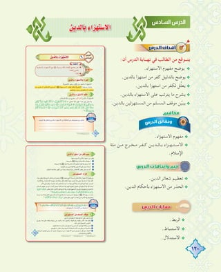 120
øjódÉHAGõ¡à°S’G
:‫أن‬ ‫اﻟﺪرس‬ ‫ﻧﻬــﺎﻳﺔ‬ ‫ﻓﻲ‬ ‫اﻟﻄﺎﻟﺐ‬ ‫ﻣﻦ‬ ‫ﻳﺘــﻮﻗﻊ‬
.‫اﻻﺳﺘﻬﺰاء‬ ‫ﻣﻔﻬﻮم‬ ‫ﻳﻮﺿﺢ‬ @
.‫ﺑﺎﻟﺪﻳﻦ‬ ‫اﺳﺘﻬﺰأ‬ ‫ﻣﻦ‬ ‫ﻛﻔﺮ‬ ‫ﺑﺎﻟﺪﻟﻴﻞ‬ ‫ﻳﻮﺿﺢ‬@
.‫ﺑﺎﻟﺪﻳﻦ‬ ‫اﺳﺘﻬﺰأ‬ ‫ﻣﻦ‬ ‫ﻟﻜﻔﺮ‬ ‫ﻞ‬‫ﱢ‬‫ﻠ‬‫ﻳﻌ‬@
.‫ﺑﺎﻟﺪﻳﻦ‬ ‫اﻻﺳﺘﻬﺰاء‬ ‫ﻋﻠﻰ‬ ‫ﻳﺘﺮﺗﺐ‬ ‫ﻣﺎ‬ ‫ﻳﺸﺮح‬@
.‫ﺑﺎﻟﺪﻳﻦ‬ ‫اﻟﻤﺴﺘﻬﺰﺋﻴﻦ‬ ‫ﻣﻦ‬ ‫اﻟﻤﺴﻠﻢ‬ ‫ﻣﻮﻗﻒ‬ ‫ﻦ‬‫ﱢ‬‫ﻴ‬‫ﻳﺒ‬@
.‫اﻻﺳﺘﻬﺰاء‬ ‫ﻣﻔﻬﻮم‬ @
‫ﻣﻠﺔ‬ ‫ـﻦ‬‫ـ‬‫ﻣ‬ ‫ـﺮج‬‫ـ‬‫ـﺨ‬‫ـ‬‫ﻣ‬ ‫ـﺮ‬‫ـ‬‫ـﻔ‬‫ـ‬‫ﻛ‬ ‫ـﻦ‬‫ـ‬‫ـﺪﻳ‬‫ـ‬‫ـﺎﻟ‬‫ـ‬‫ﺑ‬ ‫ـﺰاء‬‫ـ‬‫ـﻬ‬‫ـ‬‫ـﺘ‬‫ـ‬‫اﻻﺳ‬ @
.‫اﻹﺳﻼم‬
.‫اﻟﺪﻳﻦ‬ ‫ﺷﻌﺎﺋﺮ‬ ‫ﺗﻌﻈﻴﻢ‬ @
.‫اﻟﺪﻳﻦ‬ ‫ﺑﺄﺣﻜﺎم‬ ‫اﻻﺳﺘﻬﺰاء‬ ‫ﻣﻦ‬ ‫اﻟﺤﺬر‬ @
.‫اﻟﺮﺑﻂ‬ @
.‫اﻻﺳﺘﻨﺒﺎط‬ @
.‫اﻻﺳﺘﺪﻻل‬ @
 