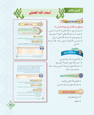 131
≈æ°ùëdGˆGAÉª°SCG
:‫أن‬ ‫اﻟﺪرس‬ ‫ﻧﻬــﺎﻳﺔ‬ ‫ﻓﻲ‬ ‫اﻟﻄﺎﻟﺐ‬ ‫ﻣﻦ‬ ‫ﻳﺘــﻮﻗﻊ‬
.‫اﳊﺴﻨﻰ‬ ‫اﻷﺳﻤﺎء‬ ‫ﻟﻪ‬ ‫ﺗﻌﺎﻟﻰ‬ ‫اﷲ‬ ‫أن‬ ‫ﻋﻠﻰ‬ ‫ﻳﺴﺘﺪل‬@
.‫ﻟﻬﺎ‬ ‫ﺣﺼﺮ‬ ‫ﻻ‬ ‫ﻛﺜﻴﺮة‬ ‫ﺗﻌﺎﻟﻰ‬ ‫اﷲ‬ ‫أﺳﻤﺎء‬ ‫أن‬ ‫ﻳﺜﺒﺖ‬@
.‫ﺣﺴﻨﻰ‬ ‫ﺗﻌﺎﻟﻰ‬ ‫اﷲ‬ ‫أﺳﻤﺎء‬ ّ‫أن‬ ‫ﻣﻌﻨﻰ‬ ‫ﻳﻮﺿﺢ‬@
‫ﺑﺄﺳﻤﺎﺋﻪ‬ ‫اﷲ‬ ‫دﻋـــﺎء‬ ْ‫ـﻲ‬‫ـ‬‫ـﻮﻋ‬‫ـ‬‫ﻧ‬ ‫ـﺔ‬‫ـ‬‫ـﻠ‬‫ـ‬‫ـﺜ‬‫ـ‬‫ـﺎﻷﻣ‬‫ـ‬‫ﺑ‬ ‫ـﺮح‬‫ـ‬‫ـﺸ‬‫ـ‬‫ﻳ‬ @
.‫اﳊﺴﻨﻰ‬
.‫اﳊﺴﻨﻰ‬ ‫اﻷﺳﻤﺎء‬ ‫ﻟﻪ‬ ‫ﺗﻌﺎﻟﻰ‬ ‫اﷲ‬ @
.‫ﻟﻬﺎ‬ ‫ﺣﺼﺮ‬ ‫ﻻ‬ ‫ﻛﺜﻴﺮة‬ ‫ﺗﻌﺎﻟﻰ‬ ‫اﷲ‬ ‫أﺳﻤﺎء‬ @
‫دﻋﺎء‬ :‫ﻧﻮﻋﺎن‬ ‫اﳊﺴﻨﻰ‬ ‫ﺑﺄﺳﻤﺎﺋﻪ‬ ‫ﺗﻌﺎﻟﻰ‬ ‫اﷲ‬ ‫دﻋﺎء‬ @
.‫ﻣﺴﺄﻟﺔ‬ ‫ودﻋﺎء‬ ‫ﻋﺒﺎدة‬
.‫وﺗﻮﻗﻴﺮﻩ‬ ‫ﺗﻌﺎﻟﻰ‬ ‫اﷲ‬ ‫ﺗﻌﻈﻴﻢ‬@
.‫اﳊﺴﻨﻰ‬ ‫ﺑﺄﺳﻤﺎﺋﻪ‬ ‫ﺗﻌﺎﻟﻰ‬ ‫اﷲ‬ ‫دﻋﺎء‬@
.‫اﳌﻌﻠﻮﻣﺎت‬ ‫ﺟﻤﻊ‬@
.‫اﳊﻔﻆ‬@
‫ﺑﺄﺳﻤﺎﺋﻪ‬ ‫اﷲ‬ ‫دﻋـــﺎء‬ ْ‫ـﻲ‬‫ـ‬‫ـﻮﻋ‬‫ـ‬‫ﻧ‬ ‫ـﺔ‬‫ـ‬‫ـﻠ‬‫ـ‬‫ـﺜ‬‫ـ‬‫ـﺎﻷﻣ‬‫ـ‬‫ﺑ‬ ‫ـﺮح‬‫ـ‬‫ـﺸ‬‫ـ‬‫ﻳ‬
‫دﻋﺎء‬ :‫ﻧﻮﻋﺎن‬ ‫اﳊﺴﻨﻰ‬ ‫ﺑﺄﺳﻤﺎﺋﻪ‬ ‫ﺗﻌﺎﻟﻰ‬ ‫اﷲ‬ ‫دﻋﺎء‬
 