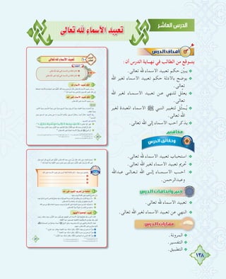 138
≈dÉ©JˆAÉª°SC’Gó«Ñ©J
:‫أن‬ ‫اﻟﺪرس‬ ‫ﻧﻬــﺎﻳﺔ‬ ‫ﻓﻲ‬ ‫اﻟﻄﺎﻟﺐ‬ ‫ﻣﻦ‬ ‫ﻳﺘــﻮﻗﻊ‬
.‫ﺗﻌﺎﻟﻰ‬ ‫ﷲ‬ ‫اﻷﺳﻤﺎء‬ ‫ﺗﻌﺒﻴﺪ‬ ‫ﺣﻜﻢ‬ ‫ﱢ‬‫ﻳﺒﲔ‬@
‫اﷲ‬ ‫ﻟﻐﻴﺮ‬ ‫اﻷﺳﻤﺎء‬ ‫ﺗﻌﺒﻴﺪ‬ ‫ﺣﻜﻢ‬ ‫ﺑﺎﻷدﻟﺔ‬ ‫ﻳﻮﺿﺢ‬ @
.‫ﺗﻌﺎﻟﻰ‬
‫اﷲ‬ ‫ﻟﻐﻴﺮ‬ ‫ـﺎء‬‫ـ‬‫ـﻤ‬‫ـ‬‫اﻷﺳ‬ ‫ﺗﻌﺒﻴﺪ‬ ‫ـﻦ‬‫ـ‬‫ﻋ‬ ‫ﻟﻠﻨﻬﻲ‬ ‫ﻞ‬‫ﱢ‬‫ﻠ‬‫ﻳﻌ‬ @
.‫ﺗﻌﺎﻟﻰ‬
‫ﻟﻐﻴﺮ‬ ‫اﳌﻌﺒﺪة‬ ‫اﻷﺳﻤﺎء‬ € ‫اﻟﻨﺒﻲ‬ ‫ﻟﺘﻐﻴﻴﺮ‬ ‫ﱢﻞ‬‫ﺜ‬‫ـﻤ‬ُ‫ﻳ‬ @
.‫ﺗﻌﺎﻟﻰ‬ ‫اﷲ‬
.‫ﺗﻌﺎﻟﻰ‬ ‫اﷲ‬ ‫إﻟﻰ‬ ‫اﻷﺳﻤﺎء‬ ‫أﺣﺐ‬ ‫ﻳﺬﻛﺮ‬@
.‫ﺗﻌﺎﻟﻰ‬ ‫ﷲ‬ ‫اﻷﺳﻤﺎء‬ ‫ﺗﻌﺒﻴﺪ‬ ‫اﺳﺘﺤﺒﺎب‬ @
.‫ﺗﻌﺎﻟﻰ‬ ‫اﷲ‬ ‫ﻟﻐﻴﺮ‬ ‫اﻷﺳﻤﺎء‬ ‫ﺗﻌﺒﻴﺪ‬ ‫ﲢﺮﱘ‬ @
‫ﻋﺒﺪاﷲ‬ ‫ـﻰ‬‫ـ‬‫ـﺎﻟ‬‫ـ‬‫ـﻌ‬‫ـ‬‫ﺗ‬ ‫اﷲ‬ ‫ــﻰ‬‫ـ‬‫إﻟ‬ ‫ــﺎء‬‫ـ‬‫ــﻤ‬‫ـ‬‫اﻷﺳ‬ ‫ــﺐ‬‫ـ‬‫أﺣ‬ @
.‫وﻋﺒﺪاﻟﺮﺣﻤﻦ‬
.‫ﺗﻌﺎﻟﻰ‬ ‫ﷲ‬ ‫اﻷﺳﻤﺎء‬ ‫ﺗﻌﺒﻴﺪ‬ @
.‫ﺗﻌﺎﻟﻰ‬ ‫اﷲ‬ ‫ﻟﻐﻴﺮ‬ ‫اﻷﺳﻤﺎء‬ ‫ﺗﻌﺒﻴﺪ‬ ‫ﻋﻦ‬ ‫اﻟﻨﻬﻲ‬ @
‫اﷲ‬ ‫ﻟﻐﻴﺮ‬ ‫اﻷﺳﻤﺎء‬ ‫ﺗﻌﺒﻴﺪ‬ ‫ﺣﻜﻢ‬ ‫ﺑﺎﻷدﻟﺔ‬ ‫ﻳﻮﺿﺢ‬
‫اﷲ‬ ‫ﻟﻐﻴﺮ‬ ‫ـﺎء‬‫ـ‬‫ـﻤ‬‫ـ‬‫اﻷﺳ‬ ‫ﺗﻌﺒﻴﺪ‬ ‫ـﻦ‬‫ـ‬‫ﻋ‬ ‫ﻟﻠﻨﻬﻲ‬ ‫ﻞ‬‫ﱢ‬‫ﻠ‬‫ﻳﻌ‬
‫ﻟﻐﻴﺮ‬ ‫اﳌﻌﺒﺪة‬ ‫اﻷﺳﻤﺎء‬
‫ﻋﺒﺪاﷲ‬ ‫ـﻰ‬‫ـ‬‫ـﺎﻟ‬‫ـ‬‫ـﻌ‬‫ـ‬‫ﺗ‬ ‫اﷲ‬ ‫ــﻰ‬‫ـ‬‫إﻟ‬ ‫ــﺎء‬‫ـ‬‫ــﻤ‬‫ـ‬‫اﻷﺳ‬ ‫ــﺐ‬‫ـ‬‫أﺣ‬
.‫ﺗﻌﺎﻟﻰ‬ ‫اﷲ‬ ‫ﻟﻐﻴﺮ‬ ‫اﻷﺳﻤﺎء‬ ‫ﺗﻌﺒﻴﺪ‬ ‫ﻋﻦ‬ ‫اﻟﻨﻬﻲ‬.‫ﺗﻌﺎﻟﻰ‬ ‫اﷲ‬ ‫ﻟﻐﻴﺮ‬ ‫اﻷﺳﻤﺎء‬ ‫ﺗﻌﺒﻴﺪ‬ ‫ﻋﻦ‬ ‫اﻟﻨﻬﻲ‬
.‫اﻟﻤﺮوﻧﺔ‬ @
.‫اﻟﺘﻔﺴﻴﺮ‬ @
.‫اﻟﺘﻄﺒﻴﻖ‬ @
 