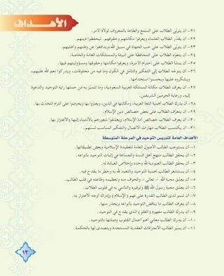 13
.‫اﻷﻣﺮ‬ ‫ﻟﻮﻻة‬ ‫ﺑﺎﻟﻤﻌﺮوف‬ ‫واﻟﻄﺎﻋﺔ‬ ‫اﻟﺴﻤﻊ‬ ‫ﻋﻠﻰ‬ ‫اﻟﻄﻼب‬ ‫ﻰ‬ّ‫ﺑ‬‫ﻳﺘﺮ‬ ‫أن‬ -٢١
.‫دﻳﻨﻬﻢ‬ ‫ﻟﻴﺤﻔﻈﻮا‬ .‫وﺣﻘﻮﻗﻬﻢ‬ ‫ﻣﻜﺎﻧﺘﻬﻢ‬ ‫وﻳﻌﺮﻓﻮا‬ ‫اﻟﻌﻠﻤﺎء‬ ‫اﻟﻄﻼب‬ ‫ر‬ّ‫ﻳﻘﺪ‬ ‫أن‬ -٢٢
.‫وأﻫﻠﻴﻬﻢ‬ ‫وﻃﻨﻬﻢ‬ ‫ﻋﻦ‬ ‫اﷲ،وﻳﺪاﻓﻌﻮا‬ ‫ﺳﺒﻴﻞ‬ ‫ﻓﻲ‬ ‫اﻟﺠﻬﺎد‬ ‫ﺣﺐ‬ ‫ﻋﻠﻰ‬ ‫اﻟﻄﻼب‬ ‫ﻰ‬ّ‫ﺑ‬‫ﻳﺘﺮ‬ ‫أن‬ -٢٣
.‫واﻟﺨﺎﺻﺔ‬ ‫اﻟﻌﺎﻣﺔ‬ ‫واﻟﻤﻤﺘﻠﻜﺎت‬ ‫اﻟﺒﻴﺌﺔ‬ ‫ﻋﻠﻰ‬ ‫اﻟﻤﺤﺎﻓﻈﺔ‬ ‫ﻋﻠﻰ‬ ‫اﻟﻄﻼب‬ ‫د‬ّ‫ﻮ‬‫ﻳﺘﻌ‬ ‫أن‬ -٢٤
.‫ﻓﻴﻬﺎ‬ ‫وﻣﺴﺆوﻟﻴﺘﻬﻢ‬ ‫وﺣﻘﻮﻗﻬﺎ‬ ‫ﻣﻜﺎﻧﺘﻬﺎ‬ ‫وﻳﻌﺮﻓﻮا‬ ،‫اﻷﺳﺮة‬ ‫اﺣﺘﺮام‬ ‫ﻋﻠﻰ‬ ‫اﻟﻄﻼب‬ ‫ﻳﻨﺸﺄ‬ ‫أن‬ -٢٥
،‫ﻋﻠﻴﻬﻢ‬ ‫اﷲ‬ َ‫ﻌﻢ‬ِ‫ﻧ‬ ‫وﻳﺪرﻛﻮا‬ ،‫ﻣﺨﻠﻮﻗﺎت‬ ‫ﻣﻦ‬ ‫ﻓﻴﻪ‬ ‫وﻣﺎ‬ ‫اﻟﻜﻮن‬ ‫ﻓﻲ‬ ‫ﻞ‬ّ‫ﻣ‬‫واﻟﺘﺄ‬ ‫اﻟﺘﻔﻜﻴﺮ‬ ‫إﻟﻰ‬ ‫اﻟﻄﻼب‬ ‫ﻪ‬ ّ‫ﻳﺘﻮﺟ‬ ‫أن‬ -٢٦
.‫اﺳﺘﺨﺪاﻣﻬﺎ‬ ‫وﻳﺤﺴﻨﻮا‬ ‫ﻋﻠﻴﻬﺎ‬ ‫وﻳﺸﻜﺮوﻩ‬
‫واﻟﺪﻋﻮة‬ ‫اﻟﺘﻮﺣﻴﺪ‬ ‫راﻳﺔ‬ ‫ﺣﻤﻠﻬﺎ‬ ‫ﻣﻦ‬ ‫ﺑﻪ‬ ‫ﺰ‬ّ‫ﻴ‬‫ﺗﺘﻤ‬ ‫وﻣﺎ‬ ،‫اﻟﺴﻌﻮدﻳﺔ‬ ‫اﻟﻌﺮﺑﻴﺔ‬ ‫اﻟﻤﻤﻠﻜﺔ‬ ‫ﻣﻜﺎﻧﺔ‬ ‫اﻟﻄﻼب‬ ‫ﻳﻌﺮف‬ ‫أن‬ -٢٧
.‫اﻟﺸﺮﻳﻔﻴﻦ‬ ‫اﻟﺤﺮﻣﻴﻦ‬ ‫ورﻋﺎﻳﺔ‬ ،‫إﻟﻴﻪ‬
.‫ﺑﻬﺎ‬ ‫ث‬ّ‫اﻟﺘﺤﺪ‬ ‫اﻟﺘﺰام‬ ‫ﻋﻠﻰ‬ ‫وﻳﺤﺮﺻﻮا‬ ‫ﺑﻬﺎ‬ ‫وا‬ّ‫ﺰ‬‫وﻳﻌﺘ‬ ،‫اﻟﺪﻳﻦ‬ ‫ﻓﻲ‬ ‫وﻣﻜﺎﻧﺘﻬﺎ‬ ،‫اﻟﻌﺮﺑﻴﺔ‬ ‫اﻟﻠﻐﺔ‬ ‫أﻫﻤﻴﺔ‬ ‫اﻟﻄﻼب‬ ‫ﻳﺪرك‬ ‫أن‬ -٢٨
.‫اﻹﺳﻼم‬ ‫دﻳﻦ‬ ‫ﺧﺼﺎﺋﺺ‬ ‫ﺑﻌﺾ‬ ‫ﻋﻠﻰ‬ ‫اﻟﻄﻼب‬ ‫ف‬ّ‫ﺮ‬‫ﻳﺘﻌ‬ ‫أن‬ -٢٩
.‫ﺑﻬﺎ‬ ‫واﻻﻋﺘﺰاز‬ ‫إﻟﻴﻬﺎ‬ ‫ﺑﺎﻻﻧﺘﻤﺎء‬ ‫ﺷﻌﻮرﻫﻢ‬ ‫ﻘﻮا‬ّ‫وﻳﻌﻤ‬ ،‫اﻹﺳﻼم‬ ‫أﻣﺔ‬ ‫ﺧﺼﺎﺋﺺ‬ ‫اﻟﻄﻼب‬ ‫ﻳﻌﺮف‬ ‫أن‬ -٣٠
.‫ﻬﻢ‬ّ‫ﻨ‬‫ﻟﺴ‬ ‫اﻟﻤﻨﺎﺳﺐ‬ ‫واﻟﺘﻔﻜﻴﺮ‬ ‫اﻻﺗﺼﺎل‬ ‫ﻣﻬﺎرات‬ ‫اﻟﻄﻼب‬ ‫ﻳﻜﺘﺴﺐ‬ ‫أن‬ -٣١
á£°SƒàªdGá∏MôªdG»aó«MƒàdG¢ùjQóàdáeÉ©dG±GógC’G
.‫ﺗﻄﺒﻴﻘﺎﺗﻬﺎ‬ ‫وﺑﻌﺾ‬ ‫اﻹﺳﻼﻣﻴﺔ‬ ‫ﻟﻠﻌﻘﻴﺪة‬ ‫اﻟﻌﺎﻣﺔ‬ ‫اﻷﺻﻮل‬ ‫اﻟﻄﺎﻟﺐ‬ ‫ﻳﺴﺘﻮﻋﺐ‬ ‫أن‬ -١
.‫ﺑﺄﻧﻮاﻋﻪ‬ ‫اﻟﺘﻮﺣﻴﺪ‬ ‫إﺛﺒﺎت‬ ‫ﻓﻲ‬ ‫واﻟﺠﻤﺎﻋﺔ‬ ‫اﻟﺴﻨﺔ‬ ‫أﻫﻞ‬ ‫ﻣﻨﻬﺞ‬ ‫اﻟﻄﺎﻟﺐ‬ ‫ﻳﺤﻘﻖ‬ ‫أن‬ -٢
.‫ﻟﻪ‬ ‫اﻟﻌﺒﺎدة‬ ‫وإﺧﻼص‬ ‫وﺣﺪﻩ‬ ‫ﷲ‬ ‫اﻟﻌﺒﻮدﻳﺔ‬ ‫اﻟﻄﺎﻟﺐ‬ ‫ﻳﺤﻘﻖ‬ ‫أن‬ -٣
.‫ﻓﻴﻪ‬ ‫ﻳﻘﺪح‬ ‫ﻣﺎ‬ ‫وﺧﻄﺮ‬ ‫ﺑﻪ‬ ‫ﷲ‬ ‫واﻟﺘﻌﺒﺪ‬ ‫اﻟﺘﻮﺣﻴﺪ‬ ‫أﻫﻤﻴﺔ‬ ‫اﻟﻄﺎﻟﺐ‬ ‫ﻳﺴﺘﺸﻌﺮ‬ ‫أن‬ -٤
.‫اﻟﻄﺎﻟﺐ‬ ‫ﻗﻠﺐ‬ ‫ﻓﻲ‬ ‫وﻃﺎﻋﺘﻪ‬ ‫وﺗﻌﻈﻴﻤﻪ‬ ‫ﻣﻨﻪ‬ ‫واﻟﺨﻮف‬ - ‫ﺗﻌﺎﻟﻰ‬ - ‫اﷲ‬ ‫ﻣﺤﺒﺔ‬ ‫ﻖ‬ّ‫ﻳﻌﻤ‬ ‫أن‬ -٥
.‫اﻟﻄﻼب‬ ‫ﻗﻠﻮب‬ ‫ﻓﻲ‬ ‫ﺑﻪ‬ ‫واﻟﺘﺄﺳﻲ‬ ‫وﺗﻮﻗﻴﺮﻩ‬ ˜ ‫اﷲ‬ ‫رﺳﻮل‬ ‫ﻣﺤﺒﺔ‬ ‫ﻖ‬ّ‫ﻳﻌﻤ‬ ‫أن‬ -٦
.‫ﺑﻪ‬ ‫اﻻﻋﺘﺰاز‬ ‫أوﺟﻪ‬ ‫وإدراك‬ (‫)اﻹﺳﻼم‬ ‫ﻓﻬﻢ‬ ‫ﻋﻠﻰ‬ ‫اﻟﻘﺪرة‬ ‫اﻟﻄﺎﻟﺐ‬ ‫ﻟﺪى‬ ‫ﺗﻨﻤﻮ‬ ‫أن‬ -٧
.‫ﻣﻨﻬﺎ‬ ‫وﻳﺤﺬر‬ ‫ﺑﺄﻧﻮاﻋﻪ‬ ‫اﻟﺘﻮﺣﻴﺪ‬ ‫ﻳﻨﺎﻗﺾ‬ ‫ﻣﺎ‬ ‫اﻟﻄﺎﻟﺐ‬ ‫ﻳﻌﺮف‬ ‫أن‬ -٨
.‫اﻟﺘﻮﺣﻴﺪ‬ ‫ﻓﻲ‬ ‫ﻳﻘﺪح‬ ‫اﻟﺬي‬ (‫)اﻟﻐﻠﻮ‬ ‫ﻣﻔﻬﻮم‬ ‫اﻟﻄﺎﻟﺐ‬ ‫ﻳﺪرك‬ ‫أن‬ -٩
.‫ﺑﺎﻟﺘﻮﺣﻴﺪ‬ ‫وﺻﻠﺘﻬﺎ‬ ‫اﻟﻘﻠﻮب‬ ‫أﻋﻤﺎل‬ ‫أﻫﻢ‬ ‫ﻣﻌﺎﻧﻲ‬ ‫اﻟﻄﺎﻟﺐ‬ ‫ﻳﺪرك‬ ‫أن‬ -١٠
.‫ﺑﺎﻟﺤﻜﻤﺔ‬ ‫ﻟﻬﺎ‬ ‫وﻳﺘﺼﺪى‬ ‫اﻟﻤﺴﺘﺠﺪة‬ ‫اﻟﻌﻘﺪﻳﺔ‬ ‫اﻻﻧﺤﺮاﻓﺎت‬ ‫اﻟﻄﺎﻟﺐ‬ ‫ﺰ‬ّ‫ﻴ‬‫ﻳﻤ‬ ‫أن‬ -١١
±Gó``````````gC’G
 