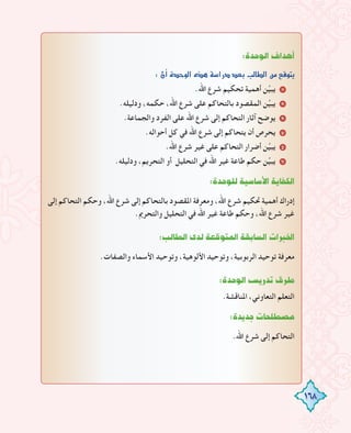 168
:IóMƒdG±GógCG
:¿CGIóMƒdG√ògá°SGQOó©HÖdÉ£dGøe™bƒàj
.‫اﷲ‬ ‫ﺷﺮع‬ ‫ﺗﺤﻜﻴﻢ‬ ‫أﻫﻤﻴﺔ‬ ‫ﻦ‬‫ﱢ‬‫ﻴ‬‫ﻳﺒ‬ 1
.‫ودﻟﻴﻠﻪ‬ ،‫ﺣﻜﻤﻪ‬ ،‫اﷲ‬ ‫ﺷﺮع‬ ‫ﻋﻠﻰ‬ ‫ﺑﺎﻟﺘﺤﺎﻛﻢ‬ ‫اﻟﻤﻘﺼﻮد‬ ‫ﻦ‬‫ﱢ‬‫ﻴ‬‫ﻳﺒ‬ 2
.‫واﻟﺠﻤﺎﻋﺔ‬ ‫اﻟﻔﺮد‬ ‫ﻋﻠﻰ‬ ‫اﷲ‬ ‫ﺷﺮع‬ ‫إﻟﻰ‬ ‫اﻟﺘﺤﺎﻛﻢ‬ ‫آﺛﺎر‬ ‫ﻳﻮﺿﺢ‬ 3
.‫أﺣﻮاﻟﻪ‬ ‫ﻛﻞ‬ ‫ﻓﻲ‬ ‫اﷲ‬ ‫ﺷﺮع‬ ‫إﻟﻰ‬ ‫ﻳﺘﺤﺎﻛﻢ‬ ‫أن‬ ‫ﻳﺤﺮص‬ 4
.‫اﷲ‬ ‫ﺷﺮع‬ ‫ﻏﻴﺮ‬ ‫ﻋﻠﻰ‬ ‫اﻟﺘﺤﺎﻛﻢ‬ ‫أﺿﺮار‬ ‫ﻦ‬‫ﱢ‬‫ﻴ‬‫ﻳﺒ‬ 5
.‫ودﻟﻴﻠﻪ‬ ،‫اﻟﺘﺤﺮﻳﻢ‬ ‫أو‬ ‫اﻟﺘﺤﻠﻴﻞ‬ ‫ﻓﻲ‬ ‫اﷲ‬ ‫ﻏﻴﺮ‬ ‫ﻃﺎﻋﺔ‬ ‫ﺣﻜﻢ‬ ‫ﻦ‬‫ﱢ‬‫ﻴ‬‫ﻳﺒ‬ 6
:IóMƒ∏dá«°SÉ°SC’GájÉØµdG
‫إﻟﻰ‬ ‫اﻟﺘﺤﺎﻛﻢ‬ ‫وﺣﻜﻢ‬ ،‫اﷲ‬ ‫ﺷﺮع‬ ‫إﻟﻰ‬ ‫ﺑﺎﻟﺘﺤﺎﻛﻢ‬ ‫اﳌﻘﺼﻮد‬ ‫وﻣﻌﺮﻓﺔ‬ ،‫اﷲ‬ ‫ﺷﺮع‬ ‫ﲢﻜﻴﻢ‬ ‫أﻫﻤﻴﺔ‬ ‫إدراك‬
.‫واﻟﺘﺤﺮﱘ‬ ‫اﻟﺘﺤﻠﻴﻞ‬ ‫ﻓﻲ‬ ‫اﷲ‬ ‫ﻏﻴﺮ‬ ‫ﻃﺎﻋﺔ‬ ‫وﺣﻜﻢ‬ ،‫اﷲ‬ ‫ﺷﺮع‬ ‫ﻏﻴﺮ‬
:ÖdÉ£dGiódá©bƒàŸGá≤HÉ°ùdGäGÈÿG
.‫واﻟﺼﻔﺎت‬ ‫اﻷﺳﻤﺎء‬ ‫وﺗﻮﺣﻴﺪ‬ ،‫اﻷﻟﻮﻫﻴﺔ‬ ‫وﺗﻮﺣﻴﺪ‬ ،‫اﻟﺮﺑﻮﺑﻴﺔ‬ ‫ﺗﻮﺣﻴﺪ‬ ‫ﻣﻌﺮﻓﺔ‬
:IóMƒdG¢ùjQóJ¥ôW
.‫اﳌﻨﺎﻗﺸﺔ‬ ،‫اﻟﺘﻌﺎوﻧﻲ‬ ‫اﻟﺘﻌﻠﻢ‬
:IójóLäÉë∏£°üe
.‫اﷲ‬ ‫ﺷﺮع‬ ‫إﻟﻰ‬ ‫اﻟﺘﺤﺎﻛﻢ‬
 