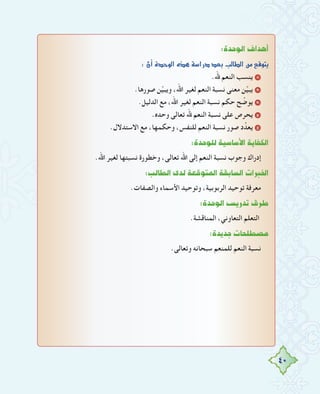 40
:IóMƒdG±GógCG
:¿CGIóMƒdG√ògá°SGQOó©HÖdÉ£dGøe™bƒàj
.‫ﷲ‬ ‫اﻟﻨﻌﻢ‬ ‫ﻳﻨﺴﺐ‬ 1
.‫ﺻﻮرﻫﺎ‬ ‫ﻦ‬‫ﱢ‬‫ﻴ‬‫وﻳﺒ‬ ،‫اﷲ‬ ‫ﻟﻐﻴﺮ‬ ‫اﻟﻨﻌﻢ‬ ‫ﻧﺴﺒﺔ‬ ‫ﻣﻌﻨﻰ‬ ‫ﻦ‬‫ﱢ‬‫ﻴ‬‫ﻳﺒ‬ 2
.‫اﻟﺪﻟﻴﻞ‬ ‫ﻣﻊ‬ ،‫اﷲ‬ ‫ﻟﻐﻴﺮ‬ ‫اﻟﻨﻌﻢ‬ ‫ﻧﺴﺒﺔ‬ ‫ﺣﻜﻢ‬ ‫ﺢ‬ ‫ﱢ‬‫ﻳﻮﺿ‬ 3
.‫وﺣﺪﻩ‬ ‫ﺗﻌﺎﻟﻰ‬ ‫ﷲ‬ ‫اﻟﻨﻌﻢ‬ ‫ﻧﺴﺒﺔ‬ ‫ﻋﻠﻰ‬ ‫ﻳﺤﺮص‬ 4
.‫اﻻﺳﺘﺪﻻل‬ ‫ﻣﻊ‬ ،‫وﺣﻜﻤﻬﺎ‬ ،‫ﻟﻠﻨﻔﺲ‬ ‫اﻟﻨﻌﻢ‬ ‫ﻧﺴﺒﺔ‬ ‫ﺻﻮر‬ ‫د‬‫ﻳﻌﺪﱢ‬ 5
:IóMƒ∏dá«°SÉ°SC’GájÉØµdG
.‫اﷲ‬ ‫ﻟﻐﻴﺮ‬ ‫ﻧﺴﺒﺘﻬﺎ‬ ‫وﺧﻄﻮرة‬ ،‫ﺗﻌﺎﻟﻰ‬ ‫اﷲ‬ ‫إﻟﻰ‬ ‫اﻟﻨﻌﻢ‬ ‫ﻧﺴﺒﺔ‬ ‫وﺟﻮب‬ ‫إدراك‬
:ÖdÉ£dGiódá©bƒàŸGá≤HÉ°ùdGäGÈÿG
.‫واﻟﺼﻔﺎت‬ ‫اﻷﺳﻤﺎء‬ ‫وﺗﻮﺣﻴﺪ‬ ،‫اﻟﺮﺑﻮﺑﻴﺔ‬ ‫ﺗﻮﺣﻴﺪ‬ ‫ﻣﻌﺮﻓﺔ‬
:IóMƒdG¢ùjQóJ¥ôW
.‫اﻟﻤﻨﺎﻗﺸﺔ‬ ،‫اﻟﺘﻌﺎوﻧﻲ‬ ‫اﻟﺘﻌﻠﻢ‬
:IójóLäÉë∏£°üe
.‫وﺗﻌﺎﻟﻰ‬ ‫ﺳﺒﺤﺎﻧﻪ‬ ‫ﻟﻠﻤﻨﻌﻢ‬ ‫اﻟﻨﻌﻢ‬ ‫ﻧﺴﺒﺔ‬
 