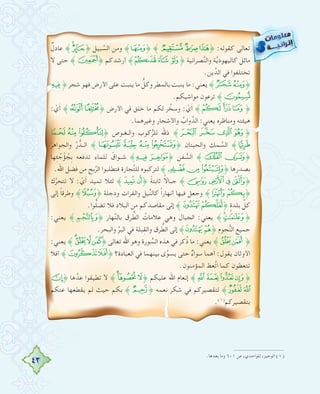 43
ٌ‫ﻋﺎدل‬ ˝BA˚ ‫ﺒﻴﻞ‬ ‫ﱠ‬‫اﻟﺴ‬ ‫وﻣﻦ‬ ˝@˚ ˝»º¹˚ :‫ﻛﻘﻮﻟﻪ‬ ‫ﺗﻌﺎﻟﻰ‬
‫ﻻ‬ ‫ﺣﺘﻰ‬ ˝F˚ ‫أرﺷﺪﻛﻢ‬ ˝EDC˚ ‫ﺼﺮاﻧﻴﺔ‬‫ﱠ‬‫ﻨ‬‫واﻟ‬ ‫ﺔ‬‫ﱠ‬‫ﻳ‬‫ﻛﺎﻟﻴﻬﻮد‬ ‫ﻣﺎﺋﻞ‬
.‫ﻳﻦ‬‫اﻟﺪﱢ‬ ‫ﻓﻲ‬ ‫ﺗﺨﺘﻠﻔﻮا‬
T˚ ‫ﺷﺠﺮ‬ ‫ﻓﻬﻮ‬ ‫اﻷرض‬ ‫ﻋﻠﻰ‬ ‫ﻳﻨﺒﺖ‬ ‫ﻣﺎ‬ ‫ﱡ‬‫وﻛﻞ‬ ‫ﺑﺎﻟﻤﻄﺮ‬ ‫ﻳﻨﺒﺖ‬ ‫ﻣﺎ‬ :‫ﻳﻌﻨﻲ‬ ˝SR˚
.‫ﻣﻮاﺷﻴﻜﻢ‬ ‫ﺗﺮﻋﻮن‬ ˝U
: ْ‫ي‬َ‫أ‬ ˝¢¡˚ ‫اﻷرض‬ ‫ﻓﻲ‬ ‫ﺧﻠﻖ‬ ‫ﻣﺎ‬ ‫ﻟﻜﻢ‬ ‫ﺮ‬ ‫ﱠ‬‫وﺳﺨ‬ : ْ‫ي‬َ‫أ‬ ˝}|{˚
.‫وﻏﻴﺮﻫﻤﺎ‬ ‫واﻷﺷﺠﺎر‬ ‫ﱠ‬‫واب‬‫اﻟﺪﱠ‬ :‫ﻳﻌﻨﻲ‬ ‫وﻣﻨﺎﻇﺮﻩ‬ ‫ﻫﻴﺌﺘﻪ‬
² ± °˚ ‫ـﻮص‬‫ـ‬‫ـﻐ‬‫ـ‬‫واﻟ‬ ‫ﻛﻮب‬‫ﱡ‬‫ﺮ‬‫ﻟﻠ‬ ‫ذﷲ‬ ˝¯ ® ¬ «˚
َ‫ﺮ‬‫واﻟﺠﻮاﻫ‬ ‫ﱠ‬‫ر‬ ‫اﻟــﺪﱡ‬ ˝¸ ¶ µ ´˚ ‫واﻟﺤﻴﺘﺎن‬ ‫ﻤﻚ‬ ‫ﱠ‬‫اﻟﺴ‬ ˝³
‫ﻬﺎ‬ِ‫ﺌ‬ ُ‫ﺟ‬ْ‫ﺆ‬ ُ‫ِﺠ‬‫ﺑ‬ ‫ﺗﺪﻓﻌﻪ‬ ‫ﻟﻠﻤﺎء‬ ّ‫ﺷــﻮاق‬ ˝¼ »˚ ‫ﻔﻦ‬ ‫ﱡ‬‫اﻟﺴ‬ ˝º ¹˚
.‫اﷲ‬ ‫ﻓﻀﻞ‬ ‫ﻣﻦ‬ ‫ﺑﺢ‬‫ﱢ‬‫ﺮ‬‫اﻟ‬ ‫ﻓﺘﻄﻠﺒﻮا‬ ‫ﺠﺎرة‬‫ﱢ‬‫ﺘ‬‫ﻟﻠ‬ ‫ﻟﺘﺮﻛﺒﻮﻩ‬ ˝¿¾½˚ ‫ﺑﺼﺪرﻫﺎ‬
‫ك‬‫ﱠ‬‫ﺮ‬‫ﺗﺘﺤ‬ ‫ﻻ‬ : ْ‫ي‬َ‫أ‬ ‫ﺗﻤﻴﺪ‬ ‫ﻟﺌﻼ‬ ˝&%˚ ً‫ﺔ‬‫ﺛﺎﺑﺘ‬ ً‫ﻻ‬‫ﺟﺒﺎ‬ ˝$#"!˚
‫إﻟﻰ‬ ً‫ﺎ‬‫وﻃﺮﻗ‬ ˝)˚ ‫ودﺟﻠﺔ‬ ‫واﻟﻔﺮات‬ ‫ﻴﻞ‬‫ﱢ‬‫ﻨ‬‫ﻛﺎﻟ‬ ً‫ا‬‫أﻧﻬﺎر‬ ‫ﻓﻴﻬﺎ‬ ‫وﺟﻌﻞ‬ ˝('˚
.‫ﻮا‬‫ﱡ‬‫ﻠ‬‫ﺗﻀ‬ ‫ﻓﻼ‬ ‫اﻟﺒﻼد‬ ‫ﻣﻦ‬ ‫ﻣﻘﺎﺻﺪﻛﻢ‬ ‫إﻟﻰ‬ ˝+*˚ ٍ‫ﺑﻠﺪة‬ ‫ﱢ‬‫ﻛﻞ‬
:‫ﻳﻌﻨﻲ‬ ˝/˚ ‫ﻬﺎر‬‫ﱠ‬‫ﻨ‬‫ﺑﺎﻟ‬ ‫ﺮق‬ ‫ﱡ‬‫اﻟﻄ‬ ُ‫ﻋﻼﻣﺎت‬ ‫وﻫﻲ‬ ‫اﻟﺠﺒﺎل‬ :‫ﻳﻌﻨﻲ‬ ˝.-˚
.‫واﻟﺒﺤﺮ‬ ‫ﱢ‬‫ﺮ‬‫اﻟﺒ‬ ‫ﻓﻲ‬ ‫ﺒﻠﺔ‬ِ‫واﻟﻘ‬ ‫ﺮق‬ ‫ﱡ‬‫اﻟﻄ‬ ‫إﻟﻰ‬ ˝10˚ ‫ﺠﻮم‬‫ﱡ‬‫ﻨ‬‫اﻟ‬ ‫ﺟﻤﻴﻊ‬
:‫ﻳﻌﻨﻲ‬ ˝8765˚ ‫ﺗﻌﺎﻟﻰ‬ ‫اﷲ‬ ‫وﻫﻮ‬ ‫ﻮرة‬ ‫ﱡ‬‫اﻟﺴ‬ ‫ﻫﺬﻩ‬ ‫ﻓﻲ‬ ‫ﻛﺮ‬ُ‫ذ‬ ‫ﻣﺎ‬ :‫ﻳﻌﻨﻲ‬ ˝43˚
‫أﻓﻼ‬ ˝:9˚ ‫اﻟﻌﺒﺎدة؟‬ ‫ﻓﻲ‬ ‫ﺑﻴﻨﻬﻤﺎ‬ ‫ى‬‫ﱠ‬‫ﻮ‬‫ﻳﺴ‬ ‫ﺣﺘﻰ‬ ٌ‫ء‬‫ﺳﻮا‬ ‫ﻫﻤﺎ‬َ‫أ‬ :‫ﻳﻘﻮل‬ ‫اﻷوﺛﺎن‬
.‫اﻟﻤﺆﻣﻨﻮن‬ ‫ﱠﻌﻆ‬‫ﺗ‬‫ا‬ ‫ﻛﻤﺎ‬ ‫ﺗﺘﻌﻈﻮن‬
C˚ ‫ﻫﺎ‬‫ﻋﺪﱠ‬ ‫ﺗﻄﻴﻘﻮا‬ ‫ﻻ‬ ˝BA@˚ ‫ﻋﻠﻴﻜﻢ‬ ‫اﷲ‬ ‫إﻧﻌﺎم‬ ˝?>= <˚
‫ﻋﻨﻜﻢ‬ ‫ﻳﻘﻄﻌﻬﺎ‬ ‫ﻟﻢ‬ ‫ﺣﻴﺚ‬ ‫ﺑﻜﻢ‬ ˝F˚ ‫ﻧﻌﻤﻪ‬ ‫ﺷﻜﺮ‬ ‫ﻓﻲ‬ ‫ﻟﺘﻘﺼﻴﺮﻛﻢ‬ ˝ED
.(١)
‫ﺑﺘﻘﺼﻴﺮﻛﻢ‬
.‫ﺑﻌﺪﻫﺎ‬ ‫وﻣﺎ‬ ٦٠١ ‫ص‬ ،‫ﻟﻠﻮاﺣﺪي‬ ،‫اﻟﻮﺟﻴﺰ‬ (١)
 