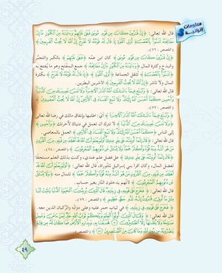 49
¥¤ £¢¡‫ﮯ‬~ }| {zyx w˚ :‫ﺗﻌﺎﻟﻰ‬ ‫اﷲ‬ ‫ﻗﺎل‬
˝¸ ¶ µ ´ ³ ²± ° ¯ ® ¬ « ª © ¨ § ¦
.(٧٦ : ‫)اﻟﻘﺼﺺ‬
‫ﺮ‬‫ﱡ‬‫ﺒ‬‫واﻟﺘﺠ‬ ‫ﺑﺎﻟﻜﺒﺮ‬ ˝~ }˚ ‫ﻪ‬‫ﱢ‬‫ﻋﻤ‬ ‫اﺑﻦ‬ ‫ﻛﺎن‬ ˝| {zyx w˚
‫ﺑﻪ‬ ‫ﻔﺘﺢ‬ُ‫ﻳ‬ ‫ﻣﺎ‬ ‫وﻫﻮ‬ ‫ﺢ‬َ‫ﺘ‬ْ‫ﻔ‬ ِ‫اﻟـﻤ‬ ‫ﺟﻤﻊ‬ ˝¦¥¤£¢¡˚ ‫اﻟﻤﺎل‬ ‫وﻛﺜﺮة‬ ‫واﻟﺒﺬخ‬
‫ﺑﻜﺜﺮة‬ ˝±°¯®¬«˚ ˝ª©˚ ‫اﻟﺠﻤﺎﻋﺔ‬ ‫ُﺜﻘﻞ‬‫ﺗ‬ ˝¨§˚
.‫اﻟﺒﻄﺮﻳﻦ‬ ‫اﻷﺷﺮﻳﻦ‬ ˝¸¶µ´³˚ ‫ﺗﺄﺷﺮ‬ ‫وﻻ‬ ‫اﻟﻤﺎل‬
ÆÅÄÃÂÁÀ¿¾½¼»º˚ :‫ﺗﻌﺎﻟﻰ‬ ‫اﷲ‬ ‫ﻗﺎل‬
˝× ÖÕÔ ÓÒÑ ÐÏÎÍ ÌËÊ ÉÈÇ
.(٧٧ : ‫)اﻟﻘﺼﺺ‬
‫ﺗﻌﺎﻟﻰ‬ ‫اﷲ‬ ‫رﺿﺎ‬ ‫ﻓﻲ‬ ‫ﻣﺎﻟﻚ‬ ‫ﺑﺈﻧﻔﺎق‬ ‫اﻃﻠﺒﻬﺎ‬ : ْ‫ي‬َ‫أ‬˝¿¾½¼»º˚
˝Ç˚ ‫ﻵﺧﺮﺗﻚ‬ ‫دﻧﻴﺎك‬ ‫ﻓﻲ‬ ‫ﺗﻌﻤﻞ‬ ‫أن‬ ‫ﺗﺘﺮك‬ ‫ﻻ‬ ˝ÅÄÃÂÁ˚
.‫ﺑﺎﻟﻤﻌﺎﺻﻲ‬ ‫اﻟﻌﻤﻞ‬ ˝ÑÐÏÎÍÌËÊÉÈ˚ ‫اﻟﻨﺎس‬ ‫إﻟﻰ‬
10/.-,+*)('&%$# "!˚:‫ﺗﻌﺎﻟﻰ‬‫اﷲ‬‫ﻗﺎل‬
.(٧٨ : ‫)اﻟﻘﺼﺺ‬ ˝>=<;:98 7654 32
‫ﺎ‬ً‫ﻘ‬‫ﻣﺴﺘﺤ‬ ‫اﻟﻌﻠﻢ‬ ‫ﺑﺬﻟﻚ‬ ‫وﻛﻨﺖ‬ ،‫ﻋﻨﺪي‬ ٍ‫ﻋﻠﻢ‬ ‫ﻓﻀﻞ‬ ‫ﻋﻞ‬ ˝& %$# "!˚
,+*)(˚ :‫ﺗﻌﺎﻟﻰ‬ ‫اﷲ‬ ‫ﻗﺎل‬ ،‫ﻮراة‬‫ﱠ‬‫ﺘ‬‫ﻟﻠ‬ ‫إﺳﺮاﺋﻴﻞ‬ ‫ﺑﻨﻲ‬ ‫أﻗﺮأ‬ ‫وﻛﺎن‬ ،‫اﻟﻤﺎل‬ ‫ﻟﻔﻀﻞ‬
;:˚ ‫ﻣﻨﻪ‬ ‫ﻟﻠﻤﺎل‬ ˝8 7654 3210/.-
. ٍ‫ﺣﺴﺎب‬ ‫ﺑﻐﻴﺮ‬ ‫ﺎر‬َّ‫ﻨ‬‫اﻟ‬ ‫ﻳﺪﺧﻠﻮن‬ ‫ﱠﻬﻢ‬‫ﻧ‬‫ﻷ‬ ˝>=<
LKJIHGFEDCBA@˚ :‫ﺗﻌﺎﻟﻰ‬ ‫اﷲ‬ ‫ﻗﺎل‬
.(٧٩ : ‫)اﻟﻘﺼﺺ‬ ˝TS R QPONM
.‫ﻣﻌﻪ‬ ‫اﻟﺬﻳﻦ‬ ‫ﻛﺒﺎن‬‫ﱡ‬‫ﺮ‬‫واﻟ‬ ‫ﻪ‬‫ﱢ‬‫ﺑ‬‫دوا‬ ‫وﻋﻠﻰ‬ ‫ﻋﻠﻴﻪ‬ ٍ‫ﺣﻤﺮ‬ ٍ‫ﺛﻴﺎب‬ ‫ﻓﻲ‬ ˝DCBA@˚
`_^][ZYXWV˚ :‫ﺗﻌﺎﻟﻰ‬ ‫اﷲ‬ ‫ﻗﺎل‬
on mlkjihgf ed cba
.(‫)اﻟﻘﺼﺺ‬ ˝xwvutsrqp
 