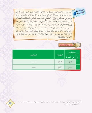 67
‫ﺑﻦ‬ ‫اﷲ‬ ‫وﻋﺒﺪ‬ ‫ﻋﻤﺮ‬ ‫ﺑﻨﺖ‬ ‫وﺣﻔﺼﺔ‬ ‫ﻋﻔﺎن‬ ‫ﺑﻦ‬ ‫وﻋﺜﻤﺎن‬ ‫اﻟﺨﻄﺎب‬ ‫ﺑﻦ‬ ‫ﻋﻤﺮ‬ ‫ﻋﻦ‬
‫ﺳﻌﺪ‬ ‫ﺑﻦ‬ ‫وﻗﻴﺲ‬ ‫اﻟﺨﻴﺮ‬ ‫ﻛﻌﺐ‬ ‫ﺑﻦ‬ ‫وﺟﻨﺪب‬ ‫اﻟﺒﺠﻠﻲ‬ ‫اﷲ‬ ‫ﻋﺒﺪ‬ ‫ﺑﻦ‬ ‫وﺟﻨﺪب‬ ‫ﻋﻤﺮ‬
‫اﻟﻤﺤﺎﻛﻢ‬ ‫ﻟﺪى‬ ‫ﺑﺎﻟﺒﻴﻨﺔ‬ ‫اﻟﺴﺎﺣﺮ‬ ‫ﺳﺤﺮ‬ ‫ﺛﺒﺖ‬ ‫ﻓﻤﺘﻰ‬ ،(١)
‫ﻋﺒﺪاﻟﻌﺰﻳﺰ‬ ‫ﺑﻦ‬ ‫وﻋﻤﺮ‬
‫ﺟﺎء‬ ‫ﻣﻦ‬ ‫أﻣﺎ‬ ،‫اﻟﺘﻮﺑﺔ‬ ‫أﻇﻬﺮ‬ ‫وﻟﻮ‬ ‫ﺗﻮﺑﺔ‬ ‫ﻣﻨﻪ‬ ‫ﻳﻘﺒﻞ‬ ‫وﻻ‬ ،‫اﻟﺴﺎﺣﺮ‬ ‫ﻫﺬا‬ ‫ﻗﺘﻞ‬ ‫وﺟﺐ‬ ،‫اﻟﺸﺮﻋﻴﺔ‬
‫ﻓﻴﻤﺎ‬ ‫ﻛﺬا‬ ‫ﻓﻌﻞ‬ ‫ﻛﺎن‬ ‫وأﻧﻪ‬ ،‫ﺗﻮﺑﺘﻪ‬ ‫ﻋﻦ‬ ‫ﺨﺒﺮ‬ُ‫ﻓﻴ‬ ‫ﻋﻠﻴﻪ‬ ‫ﻳﻘﺒﺾ‬ ‫أن‬ ‫ﻏﻴﺮ‬ ‫ﻣﻦ‬ ‫اﻷﻣﺮ‬ ‫وﻻة‬ ‫إﻟﻰ‬
‫ﻷﻧﻪ‬ ،‫ﺗﻮﺑﺘﻪ‬ ‫ﺗﻘﺒﻞ‬ ‫ﻓﻬﺬا‬ ‫اﻟﺨﻴﺮ‬ ‫ﻣﻨﻪ‬ ‫وﻇﻬﺮ‬ ‫ﺳﺒﺤﺎﻧﻪ‬ ‫اﷲ‬ ‫إﻟﻰ‬ ‫وﺗﺎب‬ ‫اﻟﺰﻣﺎن‬ ‫ﻣﻦ‬ ‫ﻣﻀﻰ‬
‫ﻋﻠﻴﻪ‬ ‫ﻳﺪﻋﻲ‬ ‫أو‬ ‫أﺣﺪ‬ ‫ﻋﻠﻴﻪ‬ ‫ﻳﻘﺒﺾ‬ ‫أن‬ ‫ﻏﻴﺮ‬ ‫ﻣﻦ‬ ‫ﺗﻮﺑﺘﻪ‬ ‫ﺎ‬ً‫ﻣﻌﻠﻨ‬ ‫ﻟﻠﺨﻴﺮ‬ ‫ﺎ‬ً‫ﻃﺎﻟﺒ‬ ‫ا‬ً‫ﻣﺨﺘﺎر‬ ‫ﺟﺎء‬
،‫ﺗﻮﺑﺘﻪ‬ ‫ﺗﻘﺒﻞ‬ ‫ﻫﺬا‬ ‫ﻣﺜﻞ‬ ‫ﻓﺈن‬ ‫ﻣﻜﺮ‬ ‫وﻻ‬ ‫ﺣﻴﻠﺔ‬ ‫ﻓﻴﻬﺎ‬ ‫ﻟﻴﺲ‬ ‫ﺻﻮرة‬ ‫ﻋﻠﻰ‬ ‫ﺟﺎء‬ ‫ﻓﺈذا‬ ،‫أﺣﺪ‬
.‫ﺎ‬ً‫ﻧﺎدﻣ‬ ‫ﺎ‬ً‫ﺗﺎﺋﺒ‬ ‫ﺟﺎء‬ ‫ﻷﻧﻪ‬
‫اﻟﺘﻮﺣﻴﺪ‬ ‫وﻋﻘﻴﺪة‬ ،(٣٢٥-٣١٥/‫)ص‬ ‫اﳊﻤﻴﺪ‬ ‫اﻟﻌﺰﻳﺰ‬ ‫وﺗﻴﺴﻴﺮ‬ ،(١٧١/٣٥) ‫و‬ (٣٨٤/٢٩) ‫ﺗﻴﻤﻴﺔ‬ ‫اﺑﻦ‬ ‫ﻓﺘﺎوى‬ ‫ﻣﺠﻤﻮع‬ ‫ﻨﻈﺮ‬ُ‫ﻳ‬ (١)
.(١٠١-١٠٠/‫)ص‬ ‫ﻟﻠﻔﻮزان‬
‫اﻟﻨﺸﺎﻃﺎت‬
‫اﳌــﻬـــﺎرة‬‫اﻟــــﺤــــﻞ‬
‫م‬‫اﻟﻨﺸﺎط‬ ‫ﻧﻮع‬
١‫ﻓﺮدي‬‫اﻟﺘﻌﻠﻴﻞ‬----
٢‫ﺟﻤﺎﻋﻲ‬‫اﳌﻘﺎرﻧﺔ‬----
 