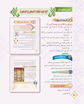 70
Iôë°ùdGhôë°ùdG√ÉéJÖLGƒdG
:‫أن‬ ‫اﻟﺪرس‬ ‫ﻧﻬــﺎﻳﺔ‬ ‫ﻓﻲ‬ ‫اﻟﻄﺎﻟﺐ‬ ‫ﻣﻦ‬ ‫ﻳﺘــﻮﻗﻊ‬
‫ﻋﻦ‬ ‫ﲤﻴﺰﻫﻢ‬ ‫اﻟﺘﻲ‬ ‫اﻟﺴﺤﺮة‬ ‫ﻋﻼﻣﺎت‬ ‫ـﻰ‬‫ـ‬‫إﻟ‬ ‫ﻪ‬ّ‫ﺒ‬‫ﻨ‬ُ‫ﻳ‬ @
.‫ﻏﻴﺮﻫﻢ‬
‫اﻟﺮﻗﺎة‬ ‫ـﻦ‬‫ـ‬‫ﻣ‬ ‫ـﻢ‬‫ـ‬‫ـﺮﻫ‬‫ـ‬‫ـﻴ‬‫ـ‬‫ﻏ‬ ‫ــﲔ‬‫ـ‬‫وﺑ‬ ‫ـﺮة‬‫ـ‬‫ـﺤ‬‫ـ‬‫ـﺴ‬‫ـ‬‫اﻟ‬ ‫ـﲔ‬‫ـ‬‫ﺑ‬ ‫ـﺰ‬‫ـ‬‫ﱢ‬‫ﻴ‬‫ـ‬‫ـ‬‫ﳝ‬ @
.‫اﻟﺸﺮﻋﻴﲔ‬
‫اﻟﺴﺤﺮ‬ ‫ــﺎﻩ‬‫ـ‬‫ﲡ‬ ‫ـﻢ‬‫ـ‬‫ـﻠ‬‫ـ‬‫ـﺴ‬‫ـ‬‫اﳌ‬ ‫ـﻰ‬‫ـ‬‫ـﻠ‬‫ـ‬‫ﻋ‬ ‫ــﺐ‬‫ـ‬‫ــﻮاﺟ‬‫ـ‬‫اﻟ‬ ‫ﱢ‬‫ـﲔ‬‫ـ‬‫ـﺒ‬‫ـ‬‫ﻳ‬ @
.‫واﻟﺴﺤﺮة‬
.‫اﻟﺴﺤﺮة‬ ‫إﺗﻴﺎن‬ ‫ﺣﻜﻢ‬ ‫ﻓﻲ‬ ‫اﻟﻘﻮل‬ ‫ﻳﻔﺼﻞ‬ @
‫اﻟﺘﻌﺎﻣﻞ‬ ‫ﻓﻲ‬ ‫اﳋﺎﻃﺌﺔ‬ ‫اﳌﻤﺎرﺳﺎت‬ ‫ﺑﻌﺾ‬ ‫ﻣﻦ‬ ‫ﻳﺤﺬر‬ @
.‫اﻟﺴﺤﺮة‬ ‫ﻣﻊ‬
.‫اﻟﺴﺤﺮ‬ ‫ﻣﻦ‬ ‫اﻟﻮﻗﺎﻳﺔ‬ ‫ﺳﺒﻞ‬ ‫إﻟﻰ‬ ‫ﻳﺸﻴﺮ‬ @
.‫ﻏﻴﺮﻫﻢ‬ ‫ﻋﻦ‬ ‫ﲤﻴﺰﻫﻢ‬ ‫ﻋﻼﻣﺎت‬ ‫ﻟﻠﺴﺤﺮة‬ @
.‫ﻣﻨﻬﻢ‬ ‫واﻟﺘﺤﺬﻳﺮ‬ ‫اﻟﺴﺤﺮة‬ ‫ﻣﻦ‬ ‫اﳊﺬر‬ ‫وﺟﻮب‬ @
.‫وﺗﺼﺪﻳﻘﻬﻢ‬ ‫اﻟﺴﺤﺮة‬ ‫إﺗﻴﺎن‬ ‫ﲢﺮﱘ‬ @
.‫واﻟﺴﺤﺮة‬ ‫اﻟﺴﺤﺮ‬ ‫ﻣﻦ‬ ‫اﳊﺬر‬ @
.‫وﺗﺼﺪﻳﻘﻬﻢ‬ ‫اﻟﺴﺤﺮة‬ ‫إﺗﻴﺎن‬ ‫ﻋﺪم‬ @
.‫اﻟﺴﺤﺮ‬ ‫ﻣﻦ‬ ‫اﻟﻮاﻗﻴﺔ‬ ‫اﻟﺸﺮﻋﻴﺔ‬ ‫ﺑﺎﻟﺴﺒﻞ‬ ‫اﻷﺧﺬ‬@
‫ﻋﻦ‬ ‫ﲤﻴﺰﻫﻢ‬ ‫اﻟﺘﻲ‬ ‫اﻟﺴﺤﺮة‬ ‫ﻋﻼﻣﺎت‬ ‫ـﻰ‬‫ـ‬‫إﻟ‬ ‫ﻪ‬ّ‫ﺒ‬‫ﻨ‬ُ‫ﻳ‬
‫اﻟﺮﻗﺎة‬ ‫ـﻦ‬‫ـ‬‫ﻣ‬ ‫ـﻢ‬‫ـ‬‫ـﺮﻫ‬‫ـ‬‫ـﻴ‬‫ـ‬‫ﻏ‬ ‫ــﲔ‬‫ـ‬‫وﺑ‬ ‫ـﺮة‬‫ـ‬‫ـﺤ‬‫ـ‬‫ـﺴ‬‫ـ‬‫اﻟ‬ ‫ـﲔ‬‫ـ‬‫ﺑ‬ ‫ـﺰ‬‫ـ‬‫ﱢ‬‫ﻴ‬‫ـ‬‫ـ‬‫ﳝ‬
‫اﻟﺴﺤﺮ‬ ‫ــﺎﻩ‬‫ـ‬‫ﲡ‬ ‫ـﻢ‬‫ـ‬‫ـﻠ‬‫ـ‬‫ـﺴ‬‫ـ‬‫اﳌ‬ ‫ـﻰ‬‫ـ‬‫ـﻠ‬‫ـ‬‫ﻋ‬ ‫ــﺐ‬‫ـ‬‫ــﻮاﺟ‬‫ـ‬‫اﻟ‬ ‫ﱢ‬‫ـﲔ‬‫ـ‬‫ـﺒ‬‫ـ‬‫ﻳ‬
‫اﻟﺘﻌﺎﻣﻞ‬ ‫ﻓﻲ‬ ‫اﳋﺎﻃﺌﺔ‬ ‫اﳌﻤﺎرﺳﺎت‬ ‫ﺑﻌﺾ‬ ‫ﻣﻦ‬ ‫ﻳﺤﺬر‬
.‫اﻟﺴﺤﺮ‬ ‫ﻣﻦ‬ ‫اﻟﻮاﻗﻴﺔ‬ ‫اﻟﺸﺮﻋﻴﺔ‬ ‫ﺑﺎﻟﺴﺒﻞ‬ ‫اﻷﺧﺬ‬@.‫اﻟﺴﺤﺮ‬ ‫ﻣﻦ‬ ‫اﻟﻮاﻗﻴﺔ‬ ‫اﻟﺸﺮﻋﻴﺔ‬ ‫ﺑﺎﻟﺴﺒﻞ‬ ‫اﻷﺧﺬ‬
.‫اﻟﻤﺴﺆوﻟﻴﺔ‬ ‫ﺗﺤﻤﻞ‬@
.‫اﻟﺘﻠﺨﻴﺺ‬@
 