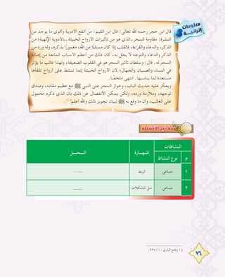 76
‫ﻣﻦ‬ ‫ﻳﻮﺟﺪ‬ ‫ﻣﺎ‬ ‫وأﻗﻮى‬ ‫اﻷدوﻳﺔ‬ ‫أﻧﻔﻊ‬ ‫ﻣﻦ‬ :‫اﻟﻘﻴﻢ‬ ‫اﺑﻦ‬ ‫ﻗﺎل‬ :‫ﺗﻌﺎﻟﻰ‬ ‫اﷲ‬ ‫رﺣﻤﻪ‬ ‫ﺣﺠﺮ‬ ‫اﺑﻦ‬ ‫ﻗﺎل‬
‫ﻣﻦ‬ ‫اﻹﻟﻬﻴﺔ؛‬ ‫ﺑﺎﻷدوﻳﺔ‬ ‫ـ‬ ‫اﻟﺨﺒﻴﺜﺔ‬ ‫اﻷرواح‬ ‫ﺗﺄﺛﻴﺮات‬ ‫ﻣﻦ‬ ‫ﻫﻮ‬ ‫اﻟﺬي‬ ‫ـ‬ ‫اﻟﺴﺤﺮ‬ ‫ﻣﻘﺎوﻣﺔ‬ :‫اﻟﻨﺸﺮة‬
‫ﻣﻦ‬ ‫ورد‬ ‫وﻟﻪ‬ ،‫ﺑﺬﻛﺮﻩ‬ ‫ا‬ً‫ﻣﻌﻤﻮر‬ ،‫اﷲ‬ ‫ﻣﻦ‬ ‫ﺎ‬ً‫ﺌ‬‫ﻣﻤﺘﻠ‬ ‫ﻛﺎن‬ ‫إذا‬ ‫ﻓﺎﻟﻘﻠﺐ‬ ،‫واﻟﻘﺮاءة‬ ‫واﻟﺪﻋﺎء‬ ،‫اﻟﺬﻛﺮ‬
‫إﺻﺎﺑﺔ‬ ‫ﻣﻦ‬ ‫اﻟﻤﺎﻧﻌﺔ‬ ‫اﻷﺳﺒﺎب‬ ‫أﻋﻈﻢ‬ ‫ﻣﻦ‬ ‫ذﻟﻚ‬ ‫ﻛﺎن‬ ،‫ﺑﻪ‬ ‫ﻳﺨﻞ‬ ‫ﻻ‬ ‫واﻟﺘﻮﺟﻪ‬ ‫واﻟﺪﻋﺎء‬ ‫اﻟﺬﻛﺮ‬
‫ﻳﺆﺛﺮ‬ ‫ﻣﺎ‬ ‫ﻏﺎﻟﺐ‬ ‫وﻟﻬﺬا‬ ،‫اﻟﻀﻌﻴﻔﺔ‬ ‫اﻟﻘﻠﻮب‬ ‫ﻓﻲ‬ ‫ﻫﻮ‬ ‫اﻟﺴﺤﺮ‬ ‫ﺗﺄﺛﻴﺮ‬ ‫وﺳﻠﻄﺎن‬ :‫ﻗﺎل‬ .‫ﻟﻪ‬ ‫اﻟﺴﺤﺮ‬
‫ﺗﻠﻘﺎﻫﺎ‬ ‫أرواح‬ ‫ﻋﻠﻰ‬ ‫ﺗﻨﺸﻂ‬ ‫إﻧﻤﺎ‬ ‫اﻟﺨﺒﻴﺜﺔ‬ ‫اﻷرواح‬ ‫ﻷن‬ ‫واﻟﺠﻬﺎل؛‬ ‫واﻟﺼﺒﻴﺎن‬ ‫اﻟﻨﺴﺎء‬ ‫ﻓﻲ‬
.‫ﺎ‬ ً‫ﻣﻠﺨﺼ‬ ‫اﻧﺘﻬﻰ‬ .‫ﻳﻨﺎﺳﺒﻬﺎ‬ ‫ﻟﻤﺎ‬ ‫ﻣﺴﺘﻌﺪة‬
‫وﺻﺪق‬ ،‫ﻣﻘﺎﻣﻪ‬ ‫ﻋﻈﻴﻢ‬ ‫ﻣﻊ‬ € ‫اﻟﻨﺒﻲ‬ ‫ﻋﻠﻰ‬ ‫اﻟﺴﺤﺮ‬ ‫وﺟﻮاز‬ ،‫اﻟﺒﺎب‬ ‫ﺣﺪﻳﺚ‬ ‫ﻋﻠﻴﻪ‬ ‫وﻳﻌﻜﺮ‬
‫ﻣﺤﻤﻮل‬ ‫ذﻛﺮﻩ‬ ‫اﻟﺬي‬ ‫ﺑﺄن‬ ‫ذﻟﻚ‬ ‫ﻋﻦ‬ ‫اﻻﻧﻔﺼﺎل‬ ‫ﻳﻤﻜﻦ‬ ‫وﻟﻜﻦ‬ ،‫وردﻩ‬ ‫وﻣﻼزﻣﺔ‬ ،‫ﺗﻮﺟﻬﻪ‬
.(١)
‫أﻋﻠﻢ‬ ‫واﷲ‬ ‫ذﻟﻚ‬ ‫ﺗﺠﻮﻳﺰ‬ ‫ﻟﺒﻴﺎن‬ € ‫ﺑﻪ‬ ‫وﻗﻊ‬ ‫ﻣﺎ‬ ‫وأن‬ ،‫اﻟﻐﺎﻟﺐ‬ ‫ﻋﻠﻰ‬
.٢٣٥/١٠ ‫اﻟﺒﺎري‬ ‫ﻓﺘﺢ‬ (١)
‫اﻟﻨﺸﺎﻃﺎت‬
‫اﳌــﻬـــﺎرة‬‫اﻟــــﺤــــﻞ‬
‫م‬‫اﻟﻨﺸﺎط‬ ‫ﻧﻮع‬
١‫ﺟﻤﺎﻋﻲ‬‫اﻟﺮﺑﻂ‬----
٢‫ﺟﻤﺎﻋﻲ‬‫اﳌﺸﻜﻼت‬ ‫ﺣﻞ‬----
 