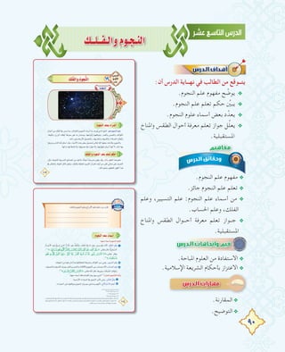 90
∂``∏``Ø`dGhΩƒ`é`ædG
:‫أن‬ ‫اﻟﺪرس‬ ‫ﻧﻬــﺎﻳﺔ‬ ‫ﻓﻲ‬ ‫اﻟﻄﺎﻟﺐ‬ ‫ﻣﻦ‬ ‫ﻳﺘــﻮﻗﻊ‬
.‫اﻟﻨﺠﻮم‬ ‫ﻋﻠﻢ‬ ‫ﻣﻔﻬﻮم‬ ‫ﺢ‬ ‫ﱢ‬‫ﻳﻮﺿ‬ @
.‫اﻟﻨﺠﻮم‬ ‫ﻋﻠﻢ‬ ‫ﺗﻌﻠﻢ‬ ‫ﺣﻜﻢ‬ ‫ﱢ‬‫ﻳﺒﲔ‬ @
.‫اﻟﻨﺠﻮم‬ ‫ﻋﻠﻮم‬ ‫أﺳﻤﺎء‬ ‫ﺑﻌﺾ‬ ‫د‬‫ﻳﻌﺪﱢ‬ @
‫واﳌﻨﺎخ‬ ‫اﻟﻄﻘﺲ‬ ‫أﺣﻮال‬ ‫ﻣﻌﺮﻓﺔ‬ ‫ﺗﻌﻠﻢ‬ ‫ﺟﻮاز‬ ‫ﻞ‬‫ﱢ‬‫ﻠ‬‫ﻳﻌ‬ @
.‫اﳌﺴﺘﻘﺒﻠﻴﺔ‬
.‫اﻟﻨﺠﻮم‬ ‫ﻋﻠﻢ‬ ‫ﻣﻔﻬﻮم‬ @
.‫ﺟﺎﺋﺰ‬ ‫اﻟﻨﺠﻮم‬ ‫ﻋﻠﻢ‬ ‫ﺗﻌﻠﻢ‬ @
‫وﻋﻠﻢ‬ ،‫اﻟﺘﺴﻴﻴﺮ‬ ‫ﻋﻠﻢ‬ :‫اﻟﻨﺠﻮم‬ ‫ﻋﻠﻢ‬ ‫أﺳﻤﺎء‬ ‫ﻣﻦ‬ @
.‫اﳊﺴﺎب‬ ‫وﻋﻠﻢ‬ ،‫اﻟﻔﻠﻚ‬
‫واﳌﻨﺎخ‬ ‫اﻟﻄﻘﺲ‬ ‫ــﻮال‬‫ـ‬‫أﺣ‬ ‫ﻣﻌﺮﻓﺔ‬ ‫ﺗﻌﻠﻢ‬ ‫ــﻮاز‬‫ـ‬‫ﺟ‬ @
.‫اﳌﺴﺘﻘﺒﻠﻴﺔ‬
.‫اﳌﺒﺎﺣﺔ‬ ‫اﻟﻌﻠﻮم‬ ‫ﻣﻦ‬ ‫اﻻﺳﺘﻔﺎدة‬ @
.‫اﻹﺳﻼﻣﻴﺔ‬ ‫اﻟﺸﺮﻳﻌﺔ‬ ‫ﺑﺄﺣﻜﺎم‬ ‫اﻻﻋﺘﺰاز‬ @
‫واﳌﻨﺎخ‬ ‫اﻟﻄﻘﺲ‬ ‫أﺣﻮال‬ ‫ﻣﻌﺮﻓﺔ‬ ‫ﺗﻌﻠﻢ‬ ‫ﺟﻮاز‬ ‫ﻞ‬‫ﱢ‬‫ﻠ‬‫ﻳﻌ‬
‫وﻋﻠﻢ‬ ،‫اﻟﺘﺴﻴﻴﺮ‬ ‫ﻋﻠﻢ‬ :‫اﻟﻨﺠﻮم‬ ‫ﻋﻠﻢ‬ ‫أﺳﻤﺎء‬ ‫ﻣﻦ‬
‫واﳌﻨﺎخ‬ ‫اﻟﻄﻘﺲ‬ ‫ــﻮال‬‫ـ‬‫أﺣ‬ ‫ﻣﻌﺮﻓﺔ‬ ‫ﺗﻌﻠﻢ‬ ‫ــﻮاز‬‫ـ‬‫ﺟ‬
.‫اﻹﺳﻼﻣﻴﺔ‬ ‫اﻟﺸﺮﻳﻌﺔ‬ ‫ﺑﺄﺣﻜﺎم‬ ‫اﻻﻋﺘﺰاز‬
.‫اﻟﻤﻘﺎرﻧﺔ‬@
.‫اﻟﺘﻮﺿﻴﺢ‬@
 