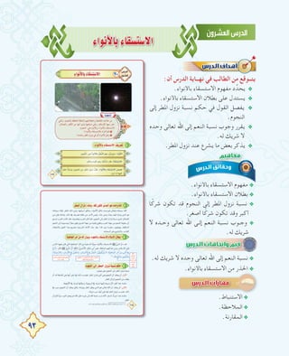 93
AGƒfC’ÉHAÉ≤°ùà°S’G
:‫أن‬ ‫اﻟﺪرس‬ ‫ﻧﻬــﺎﻳﺔ‬ ‫ﻓﻲ‬ ‫اﻟﻄﺎﻟﺐ‬ ‫ﻣﻦ‬ ‫ﻳﺘــﻮﻗﻊ‬
.‫ﺑﺎﻷﻧﻮاء‬ ‫اﻻﺳﺘﺴﻘﺎء‬ ‫ﻣﻔﻬﻮم‬ ‫د‬‫ﻳﺤﺪﱢ‬ @
.‫ﺑﺎﻷﻧﻮاء‬ ‫اﻻﺳﺘﺴﻘﺎء‬ ‫ﺑﻄﻼن‬ ‫ﻋﻠﻰ‬ ‫ﻳﺴﺘﺪل‬ @
‫إﻟﻰ‬ ‫اﳌﻄﺮ‬ ‫ﻧﺰول‬ ‫ﻧﺴﺒﺔ‬ ‫ﺣﻜﻢ‬ ‫ﻓﻲ‬ ‫اﻟﻘﻮل‬ ‫ﻳﻔﺼﻞ‬ @
.‫اﻟﻨﺠﻮم‬
‫وﺣﺪﻩ‬ ‫ﺗﻌﺎﻟﻰ‬ ‫اﷲ‬ ‫إﻟﻰ‬ ‫اﻟﻨﻌﻢ‬ ‫ﻧﺴﺒﺔ‬ ‫وﺟﻮب‬ ‫ﻳﻘﺮر‬ @
.‫ﻟﻪ‬ ‫ﺷﺮﻳﻚ‬ ‫ﻻ‬
.‫اﳌﻄﺮ‬ ‫ﻧﺰول‬ ‫ﻋﻨﺪ‬ ‫ﻳﺸﺮع‬ ‫ﻣﺎ‬ ‫ﺑﻌﺾ‬ ‫ﻳﺬﻛﺮ‬ @
.‫ﺑﺎﻷﻧﻮاء‬ ‫اﻻﺳﺘﺴﻘﺎء‬ ‫ﻣﻔﻬﻮم‬ @
.‫ﺑﺎﻷﻧﻮاء‬ ‫اﻻﺳﺘﺴﻘﺎء‬ ‫ﺑﻄﻼن‬ @
‫ﺎ‬ً‫ﺷﺮﻛ‬ ‫ﺗﻜﻮن‬ ‫ﻗﺪ‬ ‫اﻟﻨﺠﻮم‬ ‫إﻟﻰ‬ ‫اﳌﻄﺮ‬ ‫ﻧﺰول‬ ‫ﻧﺴﺒﺔ‬ @
.‫أﺻﻐﺮ‬ ‫ﺎ‬ً‫ﺷﺮﻛ‬ ‫ﺗﻜﻮن‬ ‫وﻗﺪ‬ ‫أﻛﺒﺮ‬
‫ﻻ‬ ‫ـﺪﻩ‬‫ـ‬‫وﺣ‬ ‫ﺗﻌﺎﻟﻰ‬ ‫اﷲ‬ ‫ـﻰ‬‫ـ‬‫إﻟ‬ ‫اﻟﻨﻌﻢ‬ ‫ﻧﺴﺒﺔ‬ ‫ـﻮب‬‫ـ‬‫وﺟ‬ @
.‫ﻟﻪ‬ ‫ﺷﺮﻳﻚ‬
.‫ﻟﻪ‬ ‫ﺷﺮﻳﻚ‬ ‫ﻻ‬ ‫وﺣﺪﻩ‬ ‫ﺗﻌﺎﻟﻰ‬ ‫اﷲ‬ ‫إﻟﻰ‬ ‫اﻟﻨﻌﻢ‬ ‫ﻧﺴﺒﺔ‬ @
.‫ﺑﺎﻷﻧﻮاء‬ ‫اﻻﺳﺘﺴﻘﺎء‬ ‫ﻣﻦ‬ ‫اﳊﺬر‬ @
‫إﻟﻰ‬ ‫اﳌﻄﺮ‬ ‫ﻧﺰول‬ ‫ﻧﺴﺒﺔ‬ ‫ﺣﻜﻢ‬ ‫ﻓﻲ‬ ‫اﻟﻘﻮل‬ ‫ﻳﻔﺼﻞ‬
‫وﺣﺪﻩ‬ ‫ﺗﻌﺎﻟﻰ‬ ‫اﷲ‬ ‫إﻟﻰ‬ ‫اﻟﻨﻌﻢ‬ ‫ﻧﺴﺒﺔ‬ ‫وﺟﻮب‬ ‫ﻳﻘﺮر‬
‫ﺎ‬ً‫ﺷﺮﻛ‬ ‫ﺗﻜﻮن‬ ‫ﻗﺪ‬ ‫اﻟﻨﺠﻮم‬ ‫إﻟﻰ‬ ‫اﳌﻄﺮ‬ ‫ﻧﺰول‬ ‫ﻧﺴﺒﺔ‬
‫ﻻ‬ ‫ـﺪﻩ‬‫ـ‬‫وﺣ‬ ‫ﺗﻌﺎﻟﻰ‬ ‫اﷲ‬ ‫ـﻰ‬‫ـ‬‫إﻟ‬ ‫اﻟﻨﻌﻢ‬ ‫ﻧﺴﺒﺔ‬ ‫ـﻮب‬‫ـ‬‫وﺟ‬
.‫ﺑﺎﻷﻧﻮاء‬ ‫اﻻﺳﺘﺴﻘﺎء‬ ‫ﻣﻦ‬ ‫اﳊﺬر‬.‫ﺑﺎﻷﻧﻮاء‬ ‫اﻻﺳﺘﺴﻘﺎء‬ ‫ﻣﻦ‬ ‫اﳊﺬر‬
.‫اﻻﺳﺘﻨﺒﺎط‬@
.‫اﻟﻤﻼﺣﻈﺔ‬@
.‫اﻟﻤﻘﺎرﻧﺔ‬@
 