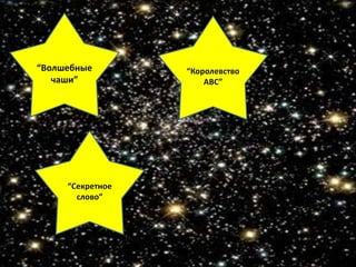 “Волшебные
чаши”
“Королевство
АВС”
“Секретное
слово”
 