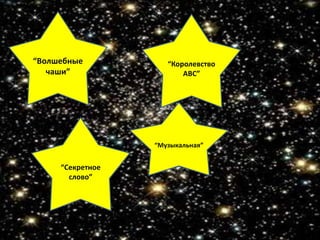 “Волшебные
чаши”
“Королевство
АВС”
“Секретное
слово”
“Музыкальная”
 