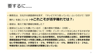 要するに……
• 藤原氏は、文化庁の調査資料を見ず、「テレビでそう言っていた」というだけで「活字
離れ」を論じている（→これこそが活字離れでは？）
• 産経は、敢えて電子書籍を無視した？
• 産経はこんなことも書いているが、二重の意味で間違い（次頁）。
「とくに子供たちの読書活動について（中略）インターネットをはじめとするさまざま
な情報メディアの発達・普及により国民の生活環境が変化し、読書習慣が定着するどこ
ろか、ますます読書離れが進んでいるのが実情だ。文化庁の調査とは別に、全国学校図
書館協議会が平成２４年度に実施した学校読書調査によると、１カ月に１冊も本を読ま
ない子供の割合は、小学生で４・５％、中学生で１６・４％、高校生で５３・２％と、
年齢が高くなるにつれ読書離れが顕著になっている」
19
 