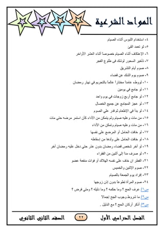 22
4-َ‫اٌظ١ب‬ ‫أثٕبء‬ ‫اٌٍجٛط‬ َ‫اعزخذا‬
5-‫اٌمئ‬ ‫رؼّذ‬ ٌٛ
6-‫األٚاخش‬ ‫اٌؼشش‬ ‫أثٕبء‬ ً‫ب‬‫خظٛط‬ َ‫اٌظ١ب‬ ‫أثٕبء‬ ‫اإلػزىبف‬
7-‫اٌفدش‬ ‫ؿٍٛع‬ ٝ‫ف‬ ‫ٌٛشه‬ ‫اٌغسٛس‬ ‫رأخ١ش‬
8-‫اٌزشش٠ك‬ َ‫أ٠ب‬ َٛ‫ط‬
9-‫لؼبء‬ ٓ‫ػ‬ ‫اٌشه‬ َٛ٠ َٛ‫ط‬
11-‫ِخ‬ ً‫ا‬‫ػبِذ‬ ‫ٌٛٚؽء‬ْ‫سِؼب‬ ‫ٔٙبس‬ ٟ‫ف‬ ُ٠‫ثبٌزسش‬ ً‫ب‬ٌّ‫ػب‬ ً‫ا‬‫زبس‬
11-ٓ١ِٛ٠ ٟ‫ف‬ ‫خبِغ‬ ٌٛ
12-‫ٚازذ‬ َٛ٠ ٟ‫ف‬ ‫صٚخبد‬ ‫أسثغ‬ ‫خبِغ‬ ٌٛ
13-‫اٌخظبي‬ ‫خّ١غ‬ ٓ‫ػ‬ ‫اٌّدبِغ‬ ‫ػدض‬ ٌٛ
14-َٛ‫اٌظ‬ ٍٟ‫ػ‬ ‫لذس‬ ُ‫ث‬ َ‫اإلؿؼب‬ ٟ‫ف‬ ‫ثذأ‬ ٌٛ
15-‫ِبد‬ ٟ‫زز‬ ٗ‫ِشػ‬ ‫اعزّش‬ ْ‫وأ‬ ‫األداء‬ ِٓ ٓ‫٠زّى‬ ٌُٚ َ‫ط١ب‬ ٗ١ٍ‫ٚػ‬ ‫ِبد‬ ِٓ
16-‫ط١ب‬ ٗ١ٍ‫ٚػ‬ ‫ِبد‬ ِٓ‫األداء‬ ِٓ ٓ‫ٚرّى‬ َ
17-‫ٔفغٙب‬ ٍٝ‫ػ‬ ‫اٌّشػغ‬ ٚ‫أ‬ ًِ‫اٌسب‬ ‫خبفذ‬ ٌٛ
18-ٗ‫ئعمبؿ‬ ِٓ ‫ٌٚذ٘ب‬ ٍٝ‫ػ‬ ًِ‫اٌسب‬ ‫خبفذ‬ ٌٛ
19-‫أخش‬ ْ‫سِؼب‬ ٗ١ٍ‫ػ‬ ً‫دخ‬ ٟ‫زز‬ ‫ػزس‬ ْٚ‫ثذ‬ ْ‫سِؼب‬ ‫لؼبء‬ ‫شخض‬ ‫أخش‬ ٌٛ
21-‫اٌفمشاء‬ ِٓ ٓ١ٕ‫أث‬ ٌٝ‫ئ‬ ً‫ا‬‫ِذ‬ ‫طشف‬ ٌٛ
21-ٛ‫ػؼ‬ ‫ِٕفؼخ‬ ‫فٛاد‬ ٚ‫أ‬ ‫اٌٙالن‬ ٗ‫ٔفغ‬ ٍٝ‫ػ‬ ‫خبف‬ ْ‫ا‬ ‫اٌفـش‬
22-َٛ‫ط‬‫ٚاٌخّ١ظ‬ ٓ١ٕ‫اإلث‬
23-َ‫ثبٌظ١ب‬ ‫اٌدّؼخ‬ َٛ٠ ‫ئفشاد‬
24-‫صٚخٙب‬ ْ‫ئر‬ ْٚ‫ثذ‬ ً‫ب‬‫رـٛػ‬ ‫اٌّشأح‬ َٛ‫ط‬
‫س‬1/‫؟‬ ‫فشع‬ ٟ‫ِٚز‬ ‫؟‬ ٍٗ١ٌ‫د‬ ‫ِٚب‬ ‫؟‬ ّٗ‫زى‬ ‫ِٚب‬ ‫؟‬ ‫اٌسح‬ ‫ػشف‬
‫س‬2/ً‫ال‬‫ئخّب‬ ‫اٌدر‬ ‫ٚخٛة‬ ‫ششٚؽ‬ ‫ِب‬
‫س‬3/. ً١ٌ‫اٌذ‬ ‫ِغ‬ ‫؟‬ ‫اٌسح‬ ْ‫أسوب‬ ‫أروش‬
 
