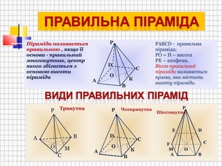 Піраміда називається
правильною , якщо її
основа - правильний
многокутник, центр
якого збігається з
основою висоти
піраміди
РАВСD - правильна
піраміда;
РО = Н – висота
РК – апофема.
Віссю правильної
піраміди називається
пряма, яка містить
висоту піраміди.А
В
С
D
Р
О
К
Трикутна Чотирикутна
ШестикутнаР
А В
С
МО
А
В
С
D
Р
О
К
А В
С
DE
F
O
P
M
 