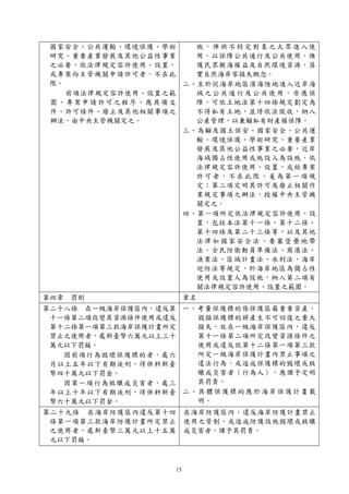 15
國家安全、公共運輸、環境保護、學術
研究、重要產業發展及其他公益性事業
之必要，依法律規定容許使用、設置，
或專案向主管機關申請許可者，不在此
限。
前項法律規定容許使用、設置之範
圍、專案申請許可之程序、應具備文
件、許可條件、廢止及其他相關事項之
辦法，由中央主管機關定之。
施，俾供不特定對象之大眾進入使
用，以保障公共通行及公共使用，維
護民眾親海權益及自然環境資源，落
實自然海岸零損失概念。
二、至於從海岸地區濱海陸地進入近岸海
域之公共通行及公共使用，亦應保
障，可依土地法第十四條規定劃定為
不得私有土地，並得依法徵收，納入
公產管理，以兼顧私有財產權保障。
三、為顧及國土保安、國家安全、公共運
輸、環境保護、學術研究、重要產業
發展及其他公益性事業之必要，近岸
海域獨占性使用或施設人為設施，依
法律規定容許使用、設置，或經專案
許可者，不在此限，爰為第一項規
定；第二項定明其許可及廢止相關作
業規定事項之辦法，授權中央主管機
關定之。
四、第一項所定依法律規定容許使用、設
置，包括本法第十一條、第十二條、
第十四條及第二十三條等，以及其他
法律如國家安全法、要塞堡壘地帶
法、全民防衛動員準備法、商港法、
漁業法、區域計畫法、水利法、海岸
巡防法等規定，於海岸地區為獨占性
使用或設置人為設施，納入第二項有
關法律規定容許使用、設置之範圍。
第四章 罰則 章名
第二十八條 在一級海岸保護區內，違反第
十一條第二項改變其資源條件使用或違反
第十二條第一項第三款海岸保護計畫所定
禁止之使用者，處新臺幣六萬元以上三十
萬元以下罰鍰。
因前項行為毀壞保護標的者，處六
月以上五年以下有期徒刑，得併科新臺
幣四十萬元以下罰金。
因第一項行為致釀成災害者，處三
年以上十年以下有期徒刑，得併科新臺
幣六十萬元以下罰金。
一、考量保護標的係保護區最重要資產，
毀損保護標的將產生不可回復之重大
損失，故在一級海岸保護區內，違反
第十一條第二項所定改變資源條件之
使用或違反依第十二條第一項第三款
所定一級海岸保護計畫內禁止事項之
違法行為，或造成保護標的毀壞或致
釀成災害者（行為人），應課予定明
其罰責。
二、具體保護標的應於海岸保護計畫載
明。
第二十九條 在海岸防護區內違反第十四
條第一項第三款海岸防護計畫所定禁止
之使用者，處新臺幣三萬元以上十五萬
元以下罰鍰。
在海岸防護區內，違反海岸防護計畫禁止
使用之管制，或造成防護設施毀壞或致釀
成災害者，課予其罰責。
 