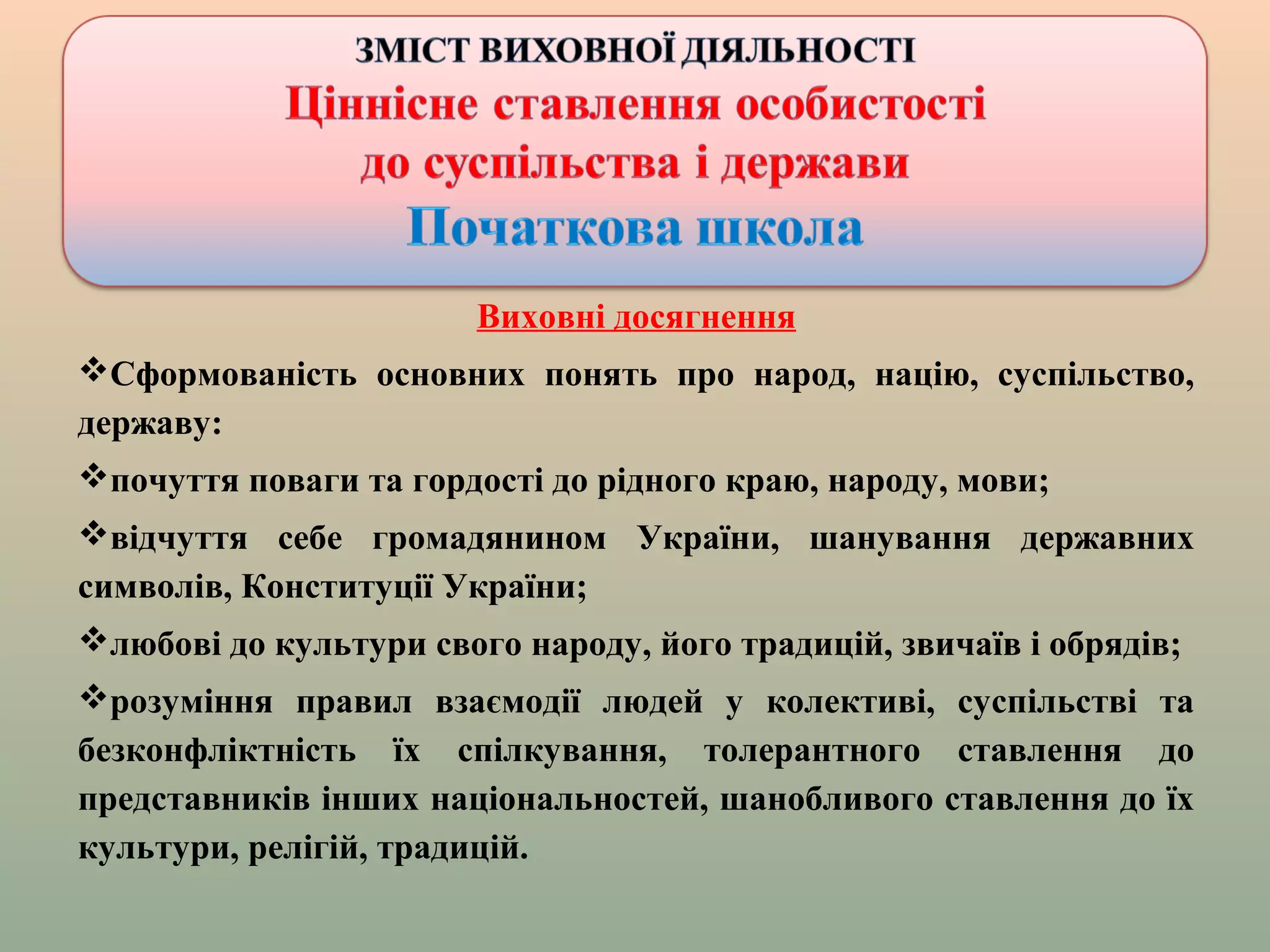 Виховні досягнення
Сформованість основних понять про народ, націю, суспільство,
державу:
почуття поваги та гордості до рідного краю, народу, мови;
відчуття себе громадянином України, шанування державних
символів, Конституції України;
любові до культури свого народу, його традицій, звичаїв і обрядів;
розуміння правил взаємодії людей у колективі, суспільстві та
безконфліктність їх спілкування, толерантного ставлення до
представників інших національностей, шанобливого ставлення до їх
культури, релігій, традицій.
 