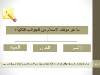 ‫إ‬ ‫إن‬‫من‬ ‫االسالم‬ ‫لموقف‬ ‫المناهج‬ ‫واضعي‬ ‫دراك‬‫هذه‬‫باأل‬ ‫يزودهم‬ ‫الجوانب‬‫المدرس‬ ‫المنهج‬ ‫لبناء‬ ‫الصحيحة‬ ‫سس‬‫ي‬ 26
‫التالية؟‬ ‫الجوانب‬ ‫من‬ ‫اإلسالم‬ ‫موقف‬ ‫هو‬ ‫ما‬
‫الحياة‬ ‫الكون‬ ‫اإلنسان‬
 
