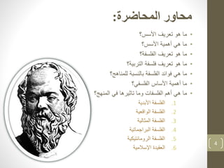 4
•‫األسس؟‬ ‫تعريف‬ ‫هو‬ ‫ما‬
•‫األسس؟‬ ‫أهمية‬ ‫هي‬ ‫ما‬
•‫الفلسفة؟‬ ‫تعريف‬ ‫هو‬ ‫ما‬
•‫التربية؟‬ ‫فلسفة‬ ‫تعريف‬ ‫هو‬ ‫ما‬
•‫هي‬ ‫ما‬‫فوائد‬‫بالنسبة‬ ‫الفلسفة‬‫للمناهج‬‫؟‬
•‫الفلسفي؟‬ ‫األساس‬ ‫أهمية‬ ‫ما‬
•‫هي‬ ‫ما‬‫أهم‬‫الفلسفات‬‫و‬‫ما‬‫تاثيرها‬‫في‬‫المنهج‬‫؟‬
.1‫األبدية‬ ‫الفلسفة‬
.2‫الواقعية‬ ‫الفلسفة‬
.3‫المثالية‬ ‫الفلسفة‬
.4‫البراجماتية‬ ‫الفلسفة‬
.5‫الرومانتيكية‬ ‫الفلسفة‬
.6‫اإلسالمية‬ ‫العقيدة‬
‫المحاضرة‬ ‫محاور‬:
 