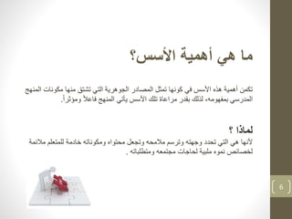 6
‫األسس‬ ‫أهمية‬ ‫هي‬ ‫ما‬‫؟‬
‫تكمن‬‫ا‬ ‫مكونات‬ ‫منها‬ ‫تشتق‬ ‫التي‬ ‫الجوهرية‬ ‫المصادر‬ ‫تمثل‬ ‫كونها‬ ‫في‬ ‫األسس‬ ‫هذه‬ ‫أهمية‬‫لمنهج‬
ً‫ال‬‫فاع‬ ‫المنهج‬ ‫يأتي‬ ‫األسس‬ ‫تلك‬ ‫مراعاة‬ ‫بقدر‬ ‫لذلك‬ ،‫بمفهومه‬ ‫المدرسي‬ً‫ا‬‫ومؤثر‬.
‫؟‬ ‫لماذا‬
‫ألنها‬‫مال‬ ‫للمتعلم‬ ‫خادمة‬ ‫ومكوناته‬ ‫محتواه‬ ‫وتجعل‬ ‫مالمحه‬ ‫وترسم‬ ‫وجهته‬ ‫تحدد‬ ‫التي‬ ‫هي‬‫ئمة‬
‫ومتطلباته‬ ‫مجتمعه‬ ‫لحاجات‬ ‫ملبية‬ ‫نموه‬ ‫لخصائص‬.
 