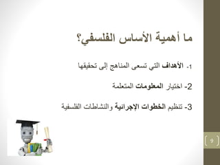 9
‫الفلسفي؟‬ ‫األساس‬ ‫أهمية‬ ‫ما‬
1-‫األهداف‬‫تحقيقها‬ ‫إلى‬ ‫المناهج‬ ‫تسعى‬ ‫التي‬
2-‫اختيار‬‫المعلومات‬‫المتعلمة‬
3-‫تنظيم‬‫الخطوات‬‫اإلجرائية‬‫الفلسفية‬ ‫والنشاطات‬
 
