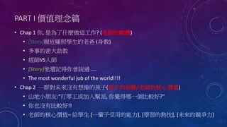 PART I 價值理念篇
• Chap 1 你, 是為了什麼做這工作? (老師的動機)
• [Story]親近關照學生的老爸 (身教)
• 多事的密大助教
• 經師VS人師
• [Story]他還記得你曾說過 ….
• The most wonderful job of the world!!!!
• Chap 2 一群對未來沒有想像的孩子(孩子的病態/老師的核心價值)
• 山地小朋友:“打零工或加入幫派, 你覺得哪一個比較好?”
• 你也沒有比較好!!
• 老師的核心價值– 給學生 [一輩子受用的能力], [學習的熱忱], [未來的競爭力]
 