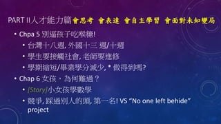 PART II人才能力篇會思考 會表達 會自主學習 會面對未知變局
• Chpa 5 別逼孩子吃喉糖!
• 台灣十八週, 外國十三 週/十週
• 學生要接觸社會, 老師要進修
• 學期縮短/畢業學分減少, * 做得到嗎?
• Chap 6 女孩，為何難過？
• [Story]小女孩學數學
• 競爭, 踩過別人的頭, 第一名! VS “No one left behide”
project
 
