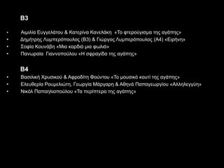 Β3
• Αιμιλία Ευγγελάτου & Κατερίνα Κανελάκη «Το φτερούγισμα της αγάπης»
• Δημήτρης Λυμπερόπουλος (Β3) & Γιώργος Λυμπερόπουλος (Α4) «Ειρήνη»
• Σοφία Κουνάβη «Μια καρδιά μια φωλιά»
• Πανωραία Γιαννοπούλου «Η σφραγίδα της αγάπης»
Β4
• Βασιλική Χρυσικού & Αφροδίτη Φούντου «Το μουσικό κουτί της αγάπης»
• Ελευθερία Ρουμελιώτη, Γεωργία Μάργαρη & Αθηνά Παπαγεωργίου «Αλληλεγγύη»
• Νικόλ Παπαηλιοπούλου «Τα περίπτερα της αγάπης»
 