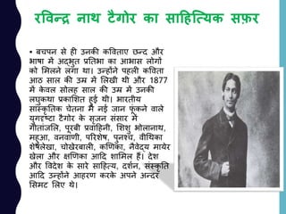 रववन्द्र नाथ टैगोर का सादहत्ययक सफ़र
 बचपन से ही उनकी कववताए छन्द और
भाषा में अद्भुत प्रनतभा का आभास लोगों
को लमलने लगा था। उन्होंने पहली कववता
आठ साल की उम्र में ललखी थी और 1877
में के वल सोलह साल की उम्र में उनकी
लघुकथा प्रकालशत हुई थी। भारतीय
साांस्कृ नतक चेतना में नई जान फूां कने वाले
युगदृष्टा टैगोर के सृजन सांसार में
गीताांजलल, पूरबी प्रवादहनी, लशशु भोलानाथ,
महुआ, वनवाणी, पररशेष, पुनश्च, वीचथका
शेषलेखा, चोखेरबाली, कणणका, नैवेद्य मायेर
खेला और क्षणणका आदद शालमल हैं। देश
और ववदेश के सारे सादहत्य, दशयन, सांस्कृ नत
आदद उन्होंने आहरण करके अपने अन्दर
लसमट ललए थे।
 